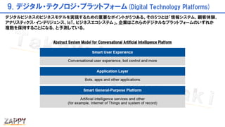 9. デジタル・テクノロジ・プラットフォーム(Digital Technology Platforms)
Abstract System Model for Conversational Artificial Intelligence Platform
デジタルビジネスのビジネスモデルを実現するための重要なポイントが5つある。その5つとは「情報システム、顧客体験、
アナリスティクス・インテリジェンス、IoT、ビジネスエコシステム」。企業はこれらのデジタルなプラットフォームのいずれか
複数を保持することになる、と予測している。
 