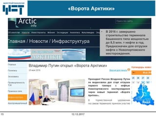 МОРСТРОЙТЕХНОЛОГИЯМОРСТРОЙТЕХНОЛОГИЯ
«Ворота Арктики»
www.morproekt.ru12.12.201715
• В 2016 г. завершено
строительство терминала
башенного типа мощностью
до 8,5 млн. т нефти в год.
Предназначен для отгрузки
нефти с Новопортовского
месторождения.
 