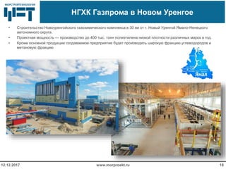 МОРСТРОЙТЕХНОЛОГИЯМОРСТРОЙТЕХНОЛОГИЯ
НГХК Газпрома в Новом Уренгое
• Строительство Новоуренгойского газохимического комплекса в 30 км от г. Новый Уренгой Ямало-Ненецкого
автономного округа.
• Проектная мощность — производство до 400 тыс. тонн полиэтилена низкой плотности различных марок в год.
• Кроме основной продукции создаваемое предприятие будет производить широкую фракцию углеводородов и
метановую фракцию
www.morproekt.ru12.12.2017 18
 