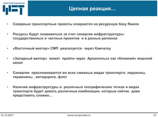 МОРСТРОЙТЕХНОЛОГИЯМОРСТРОЙТЕХНОЛОГИЯ
Цепная реакция…
• Северные транспортные проекты опираются на ресурсную базу Ямала
• Ресурсы будут осваиваться за счет синергии инфраструктуры:
государственных и частных проектов и в разных регионах
• «Восточный вектор» СМП реализуется через Камчатку
• «Западный вектор» может пройти через Архангельск как «ближний» морской
канал
• Синергии прослеживаются во всех смежных видах транспорта: ледоколы,
терминалы , автодороги, флот
• Наличие инфраструктуры в различных географических точках и видах
транспорта будет давать различные комбинации, которые сейчас даже
представить сложно…
www.morproekt.ru12.12.2017 27
 