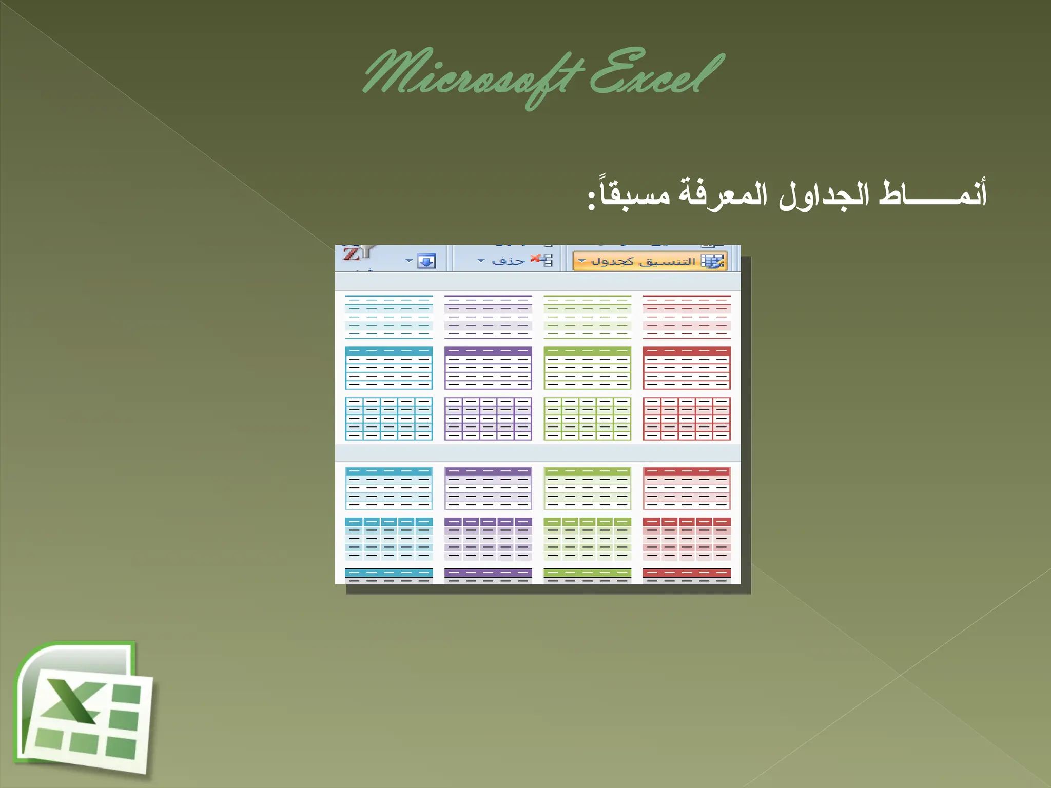 Microsoft Excel
:ً
‫ا‬‫مسبق‬ ‫المعرفة‬ ‫الجداول‬ ‫أنمــــــاط‬
 
