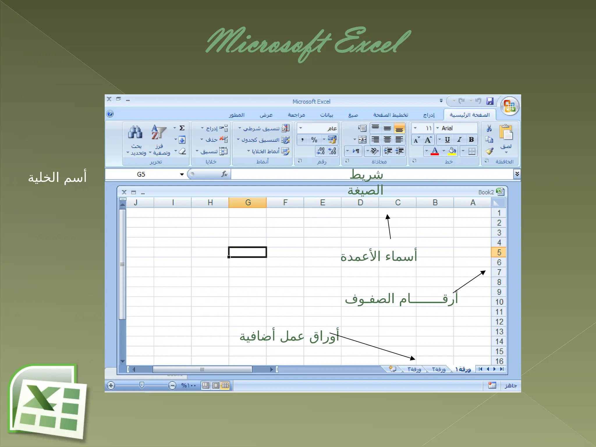 Microsoft Excel
‫الخلية‬ ‫أسم‬ ‫شريط‬
‫الصيغة‬
‫األعمدة‬ ‫أسماء‬
‫الصفـوف‬ ‫أرقــــــــام‬
‫أضافية‬ ‫عمل‬ ‫أوراق‬
 