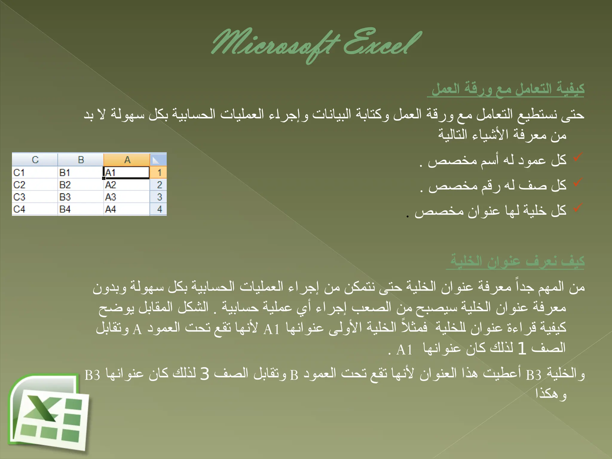 Microsoft Excel
‫العمل‬ ‫ورقة‬ ‫مع‬ ‫التعامل‬ ‫كيفية‬
‫بد‬ ‫ال‬ ‫سهولة‬ ‫بكل‬ ‫الحسابية‬ ‫العمليات‬ ‫وإجراء‬ ‫البيانات‬ ‫وكتابة‬ ‫العمل‬ ‫ورقة‬ ‫مع‬ ‫التعامل‬ ‫نستطيع‬ ‫حتى‬
‫التالية‬ ‫األشياء‬ ‫معرفة‬ ‫من‬

. ‫مخصص‬ ‫أسم‬ ‫له‬ ‫عمود‬ ‫كل‬

. ‫مخصص‬ ‫رقم‬ ‫له‬ ‫صف‬ ‫كل‬

‫مخصص‬ ‫عنوان‬ ‫لها‬ ‫خلية‬ ‫كل‬
.
‫الخلية‬ ‫عنوان‬ ‫نعرف‬ ‫كيف‬
‫وبدون‬ ‫سهولة‬ ‫بكل‬ ‫الحسابية‬ ‫العمليات‬ ‫إجراء‬ ‫من‬ ‫نتمكن‬ ‫حتى‬ ‫الخلية‬ ‫عنوان‬ ‫معرفة‬ ً‫ا‬‫جد‬ ‫المهم‬ ‫من‬
‫يوضح‬ ‫المقابل‬ ‫الشكل‬ . ‫حسابية‬ ‫عملية‬ ‫أي‬ ‫إجراء‬ ‫الصعب‬ ‫من‬ ‫سيصبح‬ ‫الخلية‬ ‫عنوان‬ ‫معرفة‬
‫عنوانها‬ ‫األولى‬ ‫الخلية‬ ً
‫ال‬‫فمث‬ ‫الخلية‬ ‫عنوان‬ ‫قراءة‬ ‫كيفية‬
A1
‫العمود‬ ‫تحت‬ ‫تقع‬ ‫ألنها‬
A
‫وتقابل‬
‫الصف‬
1
‫عنوانها‬ ‫كان‬ ‫لذلك‬
A1
.
‫والخلية‬
B3
‫العمود‬ ‫تحت‬ ‫تقع‬ ‫ألنها‬ ‫العنوان‬ ‫هذا‬ ‫أعطيت‬
B
‫الصف‬ ‫وتقابل‬
3
‫عنوانها‬ ‫كان‬ ‫لذلك‬
B3
‫وهكذا‬
 