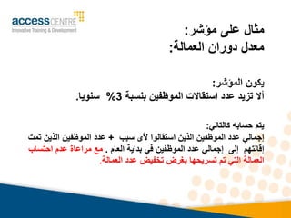 ‫كالتالي‬ ‫حسابه‬ ‫يتم‬
:
‫سبب‬ ‫ألى‬ ‫استقالوا‬ ‫الذين‬ ‫الموظفين‬ ‫عدد‬ ‫إجمالي‬
+
‫تم‬ ‫الذين‬ ‫الموظفين‬ ‫عدد‬
‫ت‬
‫العام‬ ‫بداية‬ ‫في‬ ‫الموظفين‬ ‫عدد‬ ‫إجمالي‬ ‫إلى‬ ‫إقالتهم‬
.
‫احتساب‬ ‫عدم‬ ‫مراعاة‬ ‫مع‬
‫العمالة‬ ‫عدد‬ ‫تخفيض‬ ‫بغرض‬ ‫تسريحها‬ ‫تم‬ ‫التي‬ ‫العمالة‬
.
‫مؤشر‬ ‫على‬ ‫مثال‬
:
‫العمالة‬ ‫دوران‬ ‫معدل‬
:
‫المؤشر‬ ‫يكون‬
:
‫بنسبة‬ ‫الموظفين‬ ‫استقاالت‬ ‫عدد‬ ‫تزيد‬ ‫أال‬
3
%
‫سنويا‬
.
 