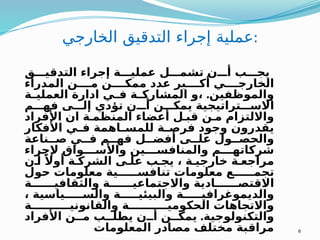 ‫الخارجي‬ ‫التدقيق‬ ‫إجراء‬ ‫عملية‬:
‫ق‬ ‫التدقي‬ ‫إجراء‬ ‫ة‬ ‫عملي‬ ‫ل‬ ‫تشم‬ ‫ن‬ ‫أ‬ ‫ب‬ ‫يج‬
‫المدراء‬ ‫ن‬ ‫م‬ ‫ن‬ ‫ممك‬ ‫عدد‬ ‫بر‬ ‫أك‬ ‫ي‬ ‫الخارج‬
.
‫ة‬ ‫العملي‬ ‫ادارة‬ ‫ي‬ ‫ف‬ ‫ة‬ ‫المشارك‬ ‫و‬، ‫والموظفين‬
‫م‬ ‫فه‬ ‫ى‬ ‫إل‬ ‫تؤدي‬ ‫ن‬ ‫أ‬ ‫ن‬ ‫يمك‬ ‫تراتيجية‬ ‫االس‬
‫األفراد‬ ‫ان‬ ‫ة‬ ‫المنظم‬ ‫أعضاء‬ ‫ل‬ ‫قب‬ ‫ن‬ ‫م‬ ‫وااللتزام‬
‫األفكار‬ ‫ي‬ ‫ف‬ ‫اهمة‬ ‫للمس‬ ‫ة‬ ‫فرص‬ ‫وجود‬ ‫يقدرون‬
‫ناعة‬ ‫ص‬ ‫ي‬ ‫ف‬ ‫م‬ ‫فه‬ ‫ل‬ ‫أفض‬ ‫ى‬ ‫عل‬ ‫ول‬ ‫والحص‬
‫إلجراء‬ ‫واق‬ ‫واألس‬ ‫ين‬ ‫والمنافس‬ ‫م‬ ‫شركاته‬
‫ن‬ ‫أ‬ ً‫أوال‬ ‫ة‬ ‫الشرك‬ ‫ى‬ ‫عل‬ ‫ب‬ ‫يج‬ ، ‫ة‬ ‫خارجي‬ ‫ة‬ ‫مراجع‬
‫حول‬ ‫معلومات‬ ‫ية‬ ‫تنافس‬ ‫معلومات‬ ‫ع‬ ‫تجم‬
‫ة‬ ‫والثقافي‬ ‫ة‬ ‫واالجتماعي‬ ‫ادية‬ ‫االقتص‬
، ‫ياسية‬ ‫والس‬ ‫ة‬ ‫والبيئي‬ ‫ة‬ ‫والديموغرافي‬
‫ة‬ ‫والقانوني‬ ‫ة‬ ‫الحكومي‬ ‫واالتجاهات‬
.
‫األفراد‬ ‫ن‬ ‫م‬ ‫ب‬ ‫يطل‬ ‫ن‬ ‫أ‬ ‫ن‬ ‫يمك‬ ‫والتكنولوجية‬
‫المعلومات‬ ‫مصادر‬ ‫مختلف‬ ‫مراقبة‬ 6
 