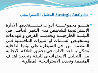 
:
Strategic Analysis
‫االستراتيجي‬ ‫التحليل‬

‫االدارة‬ ‫تخدمها‬ ‫تس‬ ‫ادوات‬ ‫ة‬ ‫مجموع‬ ‫و‬ ‫ه‬
‫ي‬‫ف‬ ‫ل‬‫الحاص‬ ‫ر‬‫التغي‬ ‫مدى‬ ‫ص‬‫لتشخي‬ ‫تراتيجية‬‫االس‬
‫والتهديدات‬ ‫الفرص‬ ‫د‬ ‫وتحدي‬ ‫ة‬ ‫الخارجي‬ ‫ة‬ ‫البيئ‬
‫ي‬ ‫ف‬ ‫ية‬ ‫التنافس‬ ‫الميزات‬ ‫او‬ ‫مات‬ ‫الس‬ ‫ص‬ ‫وتشخي‬
‫الداخلية‬ ‫بيئتها‬ ‫على‬ ‫السيطرة‬ ‫اجل‬ ‫من‬ ‫المنظمة‬
‫االيجابية‬ ‫العالقة‬ ‫تحقيق‬ ‫في‬ ‫االدارة‬ ‫يساعد‬ ‫بشكل‬
‫اهداف‬ ‫د‬ ‫وتحدي‬ ‫ة‬ ‫للبيئ‬ ‫تراتيجي‬ ‫االس‬ ‫ل‬ ‫التحلي‬ ‫ن‬ ‫بي‬
. ‫المطلوبة‬ ‫االستراتيجية‬ ‫وتحديد‬ ‫المنظمة‬
7
 