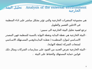 Analysis of the external environment
‫ة‬‫البيئ‬ ‫ل‬‫تحلي‬
‫الخارجية‬
‫المنظمة‬ ‫اداء‬ ‫على‬ ‫مباشر‬ ‫بشكل‬ ‫تؤثر‬ ‫والتي‬ ‫الخارجية‬ ‫المتغيرات‬ ‫مجموعة‬ ‫هي‬
‫والطويل‬ ‫القصير‬ ‫االجلين‬ ‫في‬
:‫سببين‬ ‫الى‬ ‫الخارجية‬ ‫البيئة‬ ‫تحليل‬ ‫اهمية‬ ‫ترجع‬
•
‫المصدر‬ ‫فهي‬ ‫للمنظمة‬ ‫بالنسبة‬ ‫النهاية‬ ‫ونقطة‬ ‫البداية‬ ‫نقطة‬ ‫هي‬ ‫الخارجية‬ ‫البيئة‬
) (
‫اسي‬ ‫االس‬ ‫تهلك‬ ‫المس‬ ‫ي‬ ‫وه‬ ‫ة‬ ‫البداي‬ ‫ة‬ ‫نقط‬ ‫ة‬ ‫المنظم‬ ‫لموارد‬ ‫اسي‬ ‫االس‬
.) (
‫النهاية‬ ‫نقطة‬ ‫الشركة‬ ‫لمنتجات‬
•
‫ذلك‬ ‫ومثال‬ ‫الشركات‬ ‫ممارسات‬ ‫على‬ ‫القيود‬ ‫من‬ ‫العديد‬ ‫تفرض‬ ‫الخارجية‬ ‫البيئة‬
. ‫البيئة‬ ‫على‬ ‫والحفاظ‬ ‫المستهلك‬ ‫حماية‬ ‫قوانين‬
8
 