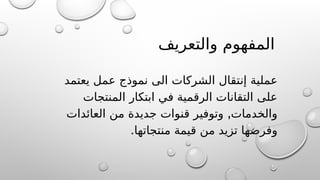 ‫والتعريف‬ ‫المفهوم‬
‫عملية‬
‫إن‬
‫يعتمد‬ ‫عمل‬ ‫نموذج‬ ‫الى‬ ‫الشركات‬ ‫تقال‬
‫المنتجات‬ ‫ابتكار‬ ‫في‬ ‫الرقمية‬ ‫التقانات‬ ‫على‬
,
‫العائدات‬ ‫من‬ ‫جديدة‬ ‫قنوات‬ ‫وتوفير‬ ‫والخدمات‬
‫منتجاتها‬ ‫قيمة‬ ‫من‬ ‫تزيد‬ ‫وفرضها‬
.
 