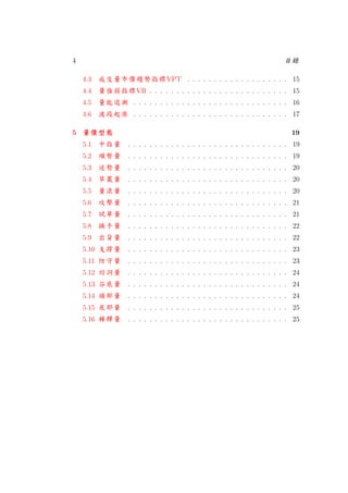 4 目錄
4.3 成交量市價趨勢指標VPT . . . . . . . . . . . . . . . . . . . 15
4.4 量強弱指標VR . . . . . . . . . . . . . . . . . . . . . . . . . . 15
4.5 量能退潮 . . . . . . . . . . . . . . . . . . . . . . . . . . . . . 16
4.6 波段起漲 . . . . . . . . . . . . . . . . . . . . . . . . . . . . . 17
5 量量量量價價價價型型型型態態態態 19
5.1 中指量 . . . . . . . . . . . . . . . . . . . . . . . . . . . . . . 19
5.2 順勢量 . . . . . . . . . . . . . . . . . . . . . . . . . . . . . . 19
5.3 逆勢量 . . . . . . . . . . . . . . . . . . . . . . . . . . . . . . 20
5.4 草叢量 . . . . . . . . . . . . . . . . . . . . . . . . . . . . . . 20
5.5 量滾量 . . . . . . . . . . . . . . . . . . . . . . . . . . . . . . 20
5.6 攻擊量 . . . . . . . . . . . . . . . . . . . . . . . . . . . . . . 21
5.7 試單量 . . . . . . . . . . . . . . . . . . . . . . . . . . . . . . 21
5.8 換手量 . . . . . . . . . . . . . . . . . . . . . . . . . . . . . . 22
5.9 出貨量 . . . . . . . . . . . . . . . . . . . . . . . . . . . . . . 22
5.10 支撐量 . . . . . . . . . . . . . . . . . . . . . . . . . . . . . . 23
5.11 防守量 . . . . . . . . . . . . . . . . . . . . . . . . . . . . . . 23
5.12 凹洞量 . . . . . . . . . . . . . . . . . . . . . . . . . . . . . . 24
5.13 谷底量 . . . . . . . . . . . . . . . . . . . . . . . . . . . . . . 24
5.14 頭部量 . . . . . . . . . . . . . . . . . . . . . . . . . . . . . . 24
5.15 底部量 . . . . . . . . . . . . . . . . . . . . . . . . . . . . . . 25
5.16 稀釋量 . . . . . . . . . . . . . . . . . . . . . . . . . . . . . . 25
 