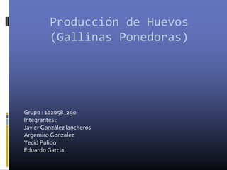 Producción de Huevos
(Gallinas Ponedoras)

Grupo : 102058_29o
Integrantes :
Javier González lancheros
Argemiro Gonzalez
Yecid Pulido
Eduardo Garcia

 