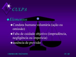 CRIMES DE TRÂNSITO15 / 60CULPAElementos Conduta humana voluntária (ação ou omissão)Falta de cuidado objetivo (imprudência, negligência ou imperícia)ausência de previsão