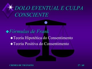 CRIMES DE TRÂNSITO27 / 60DOLO EVENTUAL E CULPA CONSCIENTE Fórmulas de FrankTeoria Hipotética do ConsentimentoTeoria Positiva do Consentimento