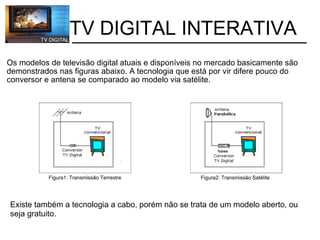           TV DIGITAL INTERATIVA Os modelos de televisão digital atuais e disponíveis no mercado basicamente são demonstrados nas figuras abaixo. A tecnologia que está por vir difere pouco do conversor e antena se comparado ao modelo via satélite. Figura1: Transmissão Terrestre  Figura2: Transmissão Satélite Existe também a tecnologia a cabo, porém não se trata de um modelo aberto, ou seja gratuito. 