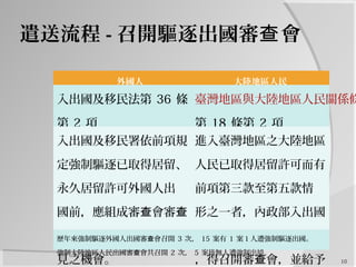 遣送流程 - 召開驅逐出國審 會查
外國人 大陸地區人民
入出國及移民法第 36 條
第 2 項
臺灣地區與大陸地區人民關係條
第 18 條第 2 項
入出國及移民署依前項規
定強制驅逐已取得居留、
永久居留許可外國人出
國前，應組成審 會審查 查
之，並給予當事人陳述意
見之機會。
進入臺灣地區之大陸地區
人民已取得居留許可而有
前項第三款至第五款情
形之一者，內政部入出國
及移民署於強制其出境前
，得召開審 會，並給予查
歷年來強制驅逐外國人出國審 會召開查 3 次， 15 案有 1 案１人遭強制驅逐出國。
強制大陸地區人民出國審 會共召開查 2 次， 5 案皆無人遭強制出境。
10
 
