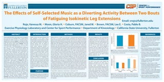 INTRODUCTION
Fatigue in exercise and sports performance has
been attributed to two primary sources:
peripheral fatigue and central fatigue. In an effort
to reduce fatigue originating from central factors,
many studies have focused on the effects of
diverting activities, which was defined by
Asmussen and Mazin (2) as “...any physical or
mental activity performed between or
simultaneously with bouts of exhaustive, local
muscular work.” Examples of mental and physical
diverting activities include solving simple math
problems (3), performing dynamic constant
external resistance muscle actions with the
contralateral limb (3), invoking a pain or cold
stimulus (1), tightly pinching one’s thumb and
index finger together (2), and squeezing a foam
sponge to the beat of a metronome (4).
Listening to music has been shown to positively
affect both mental and physical states during
periods of stress brought upon by exercise (6, 8),
possibly, by its ability to allow individuals to
dissociate from exercise (5, 7). To our knowledge,
no study has looked at the effects of music as a
diverting activity between fatiguing bouts of
exercise.
RESULTS
There were no significant (p > 0.05) 3-way interactions
for peak torque or percent torque decline. There was
a significant 2-way (time × sex) interaction (p < 0.05)
for peak torque. The decrease in peak torque from the
pre-intervention test to the post-intervention test
was significantly greater for men (pre = 138.1 ± 3.68
Nm; post = 127.4 ± 3.2 Nm) than for women (pre =
84.7 ± 3.4 Nm; post = 80.4 ± 2.9 Nm), regardless of
intervention. There was a significant main effect (p <
0.05) for percent torque decline, where the torque
decline was greater for the post-intervention test
(45.8 ± 1.2%) than the pre-intervention test (43.2 ±
1.3%), regardless of intervention or sex. There were no
significant interactions for main effects involving
diverting conditions (p > 0.05).
CONCLUSION
The results of the present study indicated that
listening to self-selected slow tempo music or
self-selected fast tempo music was not an effective
diverting activity intervention. The music
interventions used in the present study may not have
required active mental processing, and therefore were
similar to the control condition. Future diverting
activity studies involving music may want to include
electroencephalography (EEG) measurements to
detect any changes in brain activity among recovery
interventions. If music is used as a diverting activity,
future researchers may want to look at the differences
between preferred genre music and non-preferred
genre music on recovery.
PURPOSE
The purpose of this study was to investigate the
effects of listening to self-selected music, slow- and
fast-tempo, as a diverting recovery intervention
on percent torque decline and peak torque.
ABSTRACT
Previous studies have shown music’s ability to act as an ergogenic
aid. To the best of our knowledge, there is limited research
investigating the effects of music as a diverting activity in
fatiguing exercise protocols. Purpose: To investigate the effects
of listening to music as a diverting recovery intervention on peak
torque and percent torque decline. Methods: Thirty-nine
recreationally trained college-aged men (n = 18; 22.3 ± 2.7 years;
177.6 ± 8.8 cm; 80.7 ± 10.0 kg) and women (n = 21; 22.2 ± 1.7
years; 162.2 ± 5.2 cm; 62.6 ± 9.9 kg) performed 4 experimental
visits consisting of 2 bouts of 50 maximal isokinetic leg
extensions at 180°∙s-1
. Between each bout of maximal exercise, 2
minutes of recovery involving one of the 4 interventions (no
music, white noise, self-selected slow tempo music, and
self-selected fast tempo music) was completed. Torque values
were collected during the pre-intervention and post-intervention
maximal isokinetic strength tests. Percent torque decline was
calculated for both the first and second set of 50 repetitions using
the following formula: % Torque decline = [(peak torque -
minimal torque) ÷ peak torque)] × 100. Results: There were no
significant (p > 0.05) 3-way interactions for peak torque or
percent torque decline. There was a significant 2-way (time × sex)
interaction (p< 0.05) for peak torque. The decrease in peak torque
from the pre-intervention test to the post-intervention test was
significantly greater for men (pre = 138.1 ± 3.68 Nm; post = 127.4
± 3.2 Nm) than for women (pre = 84.7 ± 3.4 Nm; post = 80.4 ± 2.9
Nm), regardless of intervention. There was a significant main
effect (p< 0.05) for percent torque decline, where the torque
decline was greater for the post-intervention test (45.8 ± 1.2%)
than the pre-intervention test (43.2 ± 1.3%), regardless of
intervention or sex. There were no significant interactions for
main effects involving diverting conditions (p > 0.05).
Conclusion: These findings indicate listening to self-selected
music, slow or fast tempo, was not an effective diverting activity.
METHODS
Eighteen male (22.3 ± 2.7 years; 177.6 ± 8.8 cm; 80.7 ± 10.0 kg) and twenty-one female (22.2 ± 1.7
years; 162.2 ± 5.2 cm; 62.6 ± 9.9 kg) participants volunteered for this study. Each participant
signed a University approved statement of informed consent form prior to testing. Five separate
laboratory sessions were required for each participant. Upon arrival, the subject’s body mass (kg),
height (cm), and age were recorded. Participants were then positioned according to the HUMAC
NORM testing and rehabilitation user’s guide. For isokinetic strength testing, participants
performed 2 sets of 50 maximal leg extension at an angular velocity of 180°∙s-1
. Subjects were
instructed to give 100% maximal effort for each extension and to passively lower the leg before
the next maximal leg extension. The researcher gave strong verbal encouragement in an attempt
to ensure that the subjects were providing a maximal effort for each muscle action. Between the
2 sets of 50 repetitions, subjects completed one of the 4 passive recovery interventions (no
music (C), white noise (W), self-selected slow tempo music (ST), and self-selected fast tempo
music (FT)) during a 2-minute recovery period. For this study, slow tempo music was defined as
any song with a tempo ≤ 76 bpm, and fast tempo music was defined as any song with a tempo ≥
120 bpm. During the no music recovery intervention (C), participants remained seated and
rested quietly while wearing noise-cancelling headphones. The white noise intervention (W)
involved participants listening to white noise on a mobile phone. The self-selected fast tempo
music mental diverting activity (FT) involved participants listening to a self-selected song with a
tempo ≤ 76 bpm on an mp3 player or a mobile phone. The self-selected slow tempo music
mental diverting activity (ST) involved participants listening to a self-selected song with a tempo
≥ 120 bpm on an mp3 player or a mobile phone. The order of interventions was randomized for
each participant. Peak isokinetic torque was calculated as the average of the 3 highest torque
values achieved between repetition 1 and 5 (initial repetitions), whereas minimal torque was
calculated separately from each set of 50 maximal repetitions as the average of the 3 lowest
torque values achieved between repetition 45 and 50 (final repetitions). Percent torque decline
was calculated for both the first and second set of 50 repetitions using the following formula:
% Torque decline = [(peak torque - minimal torque) ÷ peak torque)] × 100
Two separate 3-way time (pre-intervention, post-intervention) × condition (control, white noise,
fast tempo, slow tempo) × sex (male, female) analysis of variances (ANOVAs) were used to
analyze peak torque and percent torque decline. When appropriate, follow-up tests included
t-tests with Bonferroni corrections. An alpha level of 0.05 was used to determine significance for
all comparisons.
REFERENCES
1. Alpert, J.S. (1969). The mechanism of the increased
maximum work performance of small muscle groups
resulting from“diverting work”with other muscle
groups, Acta Physiol Scand. 77, 261-271.
2. Asmussen, E. and Mazin, B. (1978). A central nervous
component in local muscular fatigue. European
Journal of Applied Physiology and Occupational
Physiology, 38, 9-15.
3. Beck, T., Stock, M., & DeFreitas, J. (2012). Classification
of electromyographic intensity patterns after diverting
activities. Clinical Kinesiology, 66(2), 29-38.
4. Cochrane, K., Coburn, J., Brown, L., & Judelson, D.
(2014). Effects of diverting activity on strength,
electromyographic, and mechanomyographic signals.
Journal of Strength and Conditioning Research, 28(5),
1203-1211.
5. Johnson, J., & Seigel, D. (1992). Effects of association
and dissociation on effort perception. Journal of
Sport Behavior, 15(2), 119-129.
6. Karageorghis, C., Terry, P., & Lane, A. (1999).
Development and initial validation of an instrument
to assess the motivational qualities of music in
exercise and sport: the brunel music rating inventory.
Journal of Sports Sciences, 17(9), 713-724.
7. Potteiger, J., Schroeder, J., & Goff, K. (2000). Influence
of music on ratings of perceived exertion during 20
minutes of moderate intensity exercise. Perceptual
and Motor Skills, 91(3), 848-854.
8. Thoma, M., La Marca, R., Brönnimann, R., Finkel, L.,
Ehlert, U., & Nater, M.S. (2013). The effect of music
on the human stress response. PloS One, 8(8), 1-11.
Rojo, Vanessa M.  Moon, Gloria H.  Coburn, FACSM, Jared W.  Brown, FACSM, Lee E.  Costa, Pablo B.
Exercise Physiology Laboratory and Center for Sport Performance  Department of Kinesiology  California State University, Fullerton
Email: vrojo@fullerton.edu
The Effects of Self-Selected Music as a Diverting Activity Between Two Bouts
of Fatiguing Isokinetic Leg Extensions
Figure 2. Mean (± SE) peak torque collapsed across recovery interventions.
There was a significant decrease in peak torque pre-intervention test to
post-intervention test for both sexes. However, the decrease was significantly
greater* for males than females (p < 0.05).
Figure 1. Mean (± SE) percent torque decline collapsed across recovery
interventions and sex. *The post-intervention test was significantly greater
(p < 0.05) than the pre-intervention test.
180
160
140
120
100
80
60
40
20
0
Pre-
intervention
Post-
intervention
Pre-
intervention
Post-
intervention
Females Males
*
*
Pre-intervention
Torque Decline (%)
Post-intervention
Torque Decline (%)
50
45
40
35
30
25
20
15
10
5
0
TorqueDecline(%)PeakTorque(Nm)
 