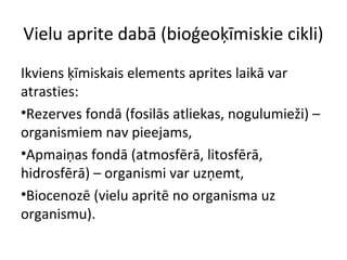 Vielu aprite dabā (bioģeoķīmiskie cikli) 
Ikviens ķīmiskais elements aprites laikā var 
atrasties: 
•Rezerves fondā (fosilās atliekas, nogulumieži) – 
organismiem nav pieejams, 
•Apmaiņas fondā (atmosfērā, litosfērā, 
hidrosfērā) – organismi var uzņemt, 
•Biocenozē (vielu apritē no organisma uz 
organismu). 
 