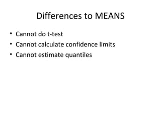 Differences to MEANS
• Cannot do t-test
• Cannot calculate confidence limits
• Cannot estimate quantiles
 