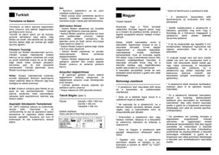 Turkish
Temizleme ve Bakým
---------------------------------------------------
Temizleme ve bakým iºlemine baºlamadan
önce cihazýnýn ana elektrik baðlantýsýndan
ayrýldýðýna emin olunuz.
Temizlik ve bakým iºlemi için de bulunan
güvenlik talimatlarýný takip ediniz. Ateº
tehlike var olmak –dibi takdirde adl. ªu belgili
tanýmlýk tasfiye deðil yer bulmak gör belgili
tanýmlýk öðretim.
Filtrelerin Temizliði
Temizlik için filtreleri kancalarýndan ayýrýnýz.
Filtreleri bulaºýk makinesinde (notlara
bakýnýz) ya da yaðlarýn çözülmesi için sýcak
su içinde bekletmek koºulu ile ya da isteðe
baðlý olarak metal olmayan parçalarýn
korunmasý ºartý ile özel spreylerile
temizlenebilir. Temizlik iºleminden sonra
filtreleri kurumaya býrakýn.
Notlar: Bulaºýk makinelerinde kullanýlan
kuvvetli deterjanlar filtrenizin kararmasýna
neden olabilirler fakat bu filtrenizin yað tutuº
özelliðine bir etkide bulunmaz
A Not: Kullaným sýklýðýna göre filtreler en az
ayda bir kez temizlenmelidirler. Yemek
piºirme esnasýnda hatta piºirmediðiniz
zamanlar dahil aspiratörünüz üzerinde yað
birikimi olabilir.
Aspiratör Gövdesinin Temizlemesi
Ilýk (40ºC ortalama) sabunlu su kullanýlmasý
tavsiye edilir. Hazýrlanan su ile
nemlendirilmiº bir bez ile aspiratörün keskin
kenarlarýna ve ýzgaralara dikkat edilerek
temizlik yapýlabilir. Durulama için kuru lif
býrakmayan bir bez kullanmanýzý tavsiye
ederiz.
Not:
* Aºýndýrýcý, paslandýrýcý ya da çizici
maddeler kullanmayýnýz.
* Metal yüzeye zarar verebilecek aºýndýrýcý
temizlik maddeleri kullanmayýnýz. Sert
cisimlerle (býçak, makas gibi) temizlemeyiniz.
Aktif karbon filtreler
* Karbon filtreleri takabilmek için öncelikle
metalik yað filtrelerini çýkarmak gerekir.
* Karbon filtreleri yerlerine oturtmak için önce
arka taraflarýndaki çýkýntýlarý kafesin
kenarýndaki deliklere yerleºtiriniz. Bu
iºlemden sonra ön tarafý yerine oturuncaya
kadar kaldýrýnýz (ªekil 5).
* Karbon filtreler kullaným ºekline baðlý olarak
3 ile 6 ay arasý dayanýrlar.
* Karbon filtreler yýkanamaz ve yeniden
doldurulamazlar. Bitince yenileriyle
deðiºtirilmelidirler.
* Karbon filtreleri deðiºtirmek için takarken
yaptýðýnýz iºlemleri ters sýrayla yaparak
filtreleri çýkarýnýz ve yerlerine yenilerini
takýnýz.
Ampulleri deðiºtirilmesi
* Ýlk yapýlmasý gereken cihazýn elektrik
baðlantýsýnýn kesilmiº olduðundan ve
deðiºtirilecek ampulün sýcak olmadýðýndan
emin olmaktýr.
* Çýkmasý gereken ampule ulaºmak için
lambanýn camýný çýkarýnýz.
* Ampul maksimum 20W gücünde olmalýdýr.
Teknik Bilgiler (ªekil 3)
---------------------------------------------------
Ölçüler Geniºlik = 600 // 900 mm
Derinlik = 300 mm
Yükseklik = 355 mm
Elektrik özellikleri
ÖZELLÝKLER ETÝKETÝNE BAªVURUN
Magyar
Tisztelt Vásárló!
Köszönjük, hogy a TEKA termékét
választotta. Biztosak vagyunk abban, hogy
ez a modern és praktikus termék, amelyik a
legjobb anyagokból készült, kielégíti minden
igényét.
Kérjük, mielõtt használatba venné új
készülékét, figyelmesen olvassa el ezt a
használati útmutatót. Ennek alapján
megismerheti a készülék felépítését,
használatának módját, tisztítását,
karbantartását. Ezek az ismeretek segítik
Önt abban, hogy a berendezést hosszú idõn
keresztül megelégedéssel használja. A
használati útmutatót õrizze meg, és a
készülék eladása vagy elajándékozása
esetén adja tovább az új tulajdonosnak.
A használati útmutatóban leírtak be nem
tartásából eredõ károkért a gyártó nem vállal
felelõsséget.
Biztonsági utasítások
---------------------------------------------------
* A páraelszívó elsõ használata elõtt tartsa
be a beszerelési és csatlakoztatási
utasításokat.
* Soha ne a kábelnél fogva húzza ki a
csatlakozó dugót az aljzatból.
* Ne kapcsolja be a páraelszívót, ha a
hálózati kábelen sérülések láthatók (kopás,
vágás) vagy a kapcsolótábla körül az
elhasználódás jelei láthatók.
* Amennyiben a páraelszívó nem, vagy
hibásan mûködik, válassza le a készüléket
az elektromos hálózatról és értesítse a
szakszervizt.
* Soha ne hagyjon a páraleszívó alatt
gázégõt bekapcsolva ráhelyezett edény
nélkül.
* Ügyeljen arra, hogy a páraelszívó
semmilyen részére ne rakódjon le zsír,
különösen a szûrõre ne, MERT EZ TÜZET
OKOZHAT.
* Soha ne flambírozzon a páraelszívó alatt.
* A páraelszívó beszerelése elõtt
tanulmányozza az érvényben lévõ helyi
elõírásokat.
* Mielõtt csatlakoztatná a páraelszívót a
hálózatra, gyõzõdjön meg arról, hogy a
feszültség és a frekvencia megegyezik a
páraelszívó belsõ oldalán található
típuscímke adataival.
* A be és kikapcsolást egy legalább 3 mm
kontaktnyílású többpólusú kapcsolóval kell
végezni, amennyiben fixen köti be a
készüléket.
*A evakuált levegõ nem kell lenni küldött
mellett csõ amit van hozzászokot kiürít a
füstöl –ból berendezés etetett mellett gáz
vagy másik üzemanyag. A helyiségnek
megfelelõen kell szellõznie, ha a
páraelszívót egy idõben használja nem
elektromos árammal mûködõ étel
készítésére szolgáló berendezéssel. (pl.
gáztûzhely).
* A páraelszívó belsõ részének tisztításakor
óvatosan járjon el és ajánlatos kesztyû
használata.
* Ez a páraelszívó háztartási használatra
készült és kizárólag ételkészítésbõl
keletkezõ pára elszívására és tisztítására
használható. Más célra történõ használat
esetén a gyártó és a forgalmazó semmilyen
felelõsséget nem vállal és veszélyt jelenthet
a felhasználóra.
* Ha szerelésre van szükség, forduljon a
legközelebbi engedélyezett mûszaki
szervizhez, és ragaszkodjon eredeti
alkatrészek beszereléséhez! Más által végzett
szerelések és módosítások a készülék
meghibásodásához és hibás mûködéséhez
vezethetnek és veszélyeztethetik a készülék
biztonságos mûködését. A gyártó és a
forgalmazó nem vállal semmilyen felelõsséget
a készülék nem rendeltetésszerû használata
esetén.
 