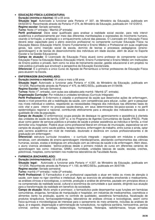 20/26
• EDUCAÇÃO FÍSICA (LICENCIATURA)
Duração (mínima e máxima): 03 a 05 anos
Situação legal: Autorizado a funcionar pela Portaria nº 337, do Ministério da Educação, publicada em
04/02/2012. Reconhecido através da Portaria nº 274, do Ministério da Educação, publicada em 14/12/2012.
Regime escolar: Seriado semestral.
Turno: Noite (1ª entrada) / Manhã (2ª entrada)
Perfil profissional: Deve estar qualificado para analisar a realidade social escolar, para nela intervir
acadêmica e profissionalmente por meio das diferentes manifestações e expressões do movimento humano,
visando à formação, a ampliação e o enriquecimento cultural das pessoas. O Licenciado em Educação Física
deverá estar capacitado para o pleno exercício profissional no componente curricular Educação Física na
Educação Básica (Educação Infantil, Ensino Fundamental e Ensino Médio) e Profissional em suas exigências
gerais, tais como inserção social da escola, domínio de teorias e processos pedagógicos (ensino-
aprendizagem) e de teorias do desenvolvimento dos indivíduos em idade escolar, além de atuar no Esporte
Escolar e na Gestão Educacional.
Campo de atuação: O Licenciado de Educação Física atuará como professor do componente curricular
Educação Física na Educação Básica (Educação Infantil, Ensino Fundamental e Ensino Médio) em Instituições
de Ensino público e privado, bem como na área de treinamento escolar, gestão educacional e em projetos na
rede pública e privada que envolvam a perspectiva da Educação Escolarizada.
Diferencial: É o primeiro e único Curso do Agreste de Pernambuco a formar professores de Educação Física
para atuarem na Escola.
• ENFERMAGEM (BACHARELADO)
Duração (mínima e máxima): 04 anos e meio a 08 anos
Situação legal: Autorizado a funcionar pela Portaria n° 4.336, do Ministério da Educação, publicada em
13/12/05. Reconhecido através da Portaria nº 475, do MEC/SESu, publicada em 01/04/09.
Regime Escolar: Seriado Semestral.
Turnos: Noite (1
a
. entrada), com aulas aos sábados pela manhã / Manhã (2
a
. entrada).
Organização Curricular: Por módulos e unidades temáticas (Currículo Integrado)
Perfil Profissional: O Enfermeiro é cidadão e profissional da saúde que desenvolve ações de enfermagem,
desde o nível preventivo até a reabilitação da saúde, com competências para educar, cuidar, gerir e pesquisar
nos níveis individual e coletivo, respeitando as necessidades integrais dos indivíduos nas diferentes fases do
ciclo vital e para intervir no processo saúde-doença, em seus determinantes bio-psico-sociais e no perfil
epidemiológico regional e nacional, contribuindo efetivamente para a elevação dos indicadores de saúde e
qualidade de vida da população.
Campo de Atuação: O enfermeiro(a) ocupa posição de destaque no gerenciamento e assistência à clientela
das unidades de saúde da família (USF´s), e no Programa de Agentes Comunitários de Saúde (PACS). Pode
atuar como gestor de serviços públicos e privados de saúde e prestar assistência ao indivíduo e família, a nível
domiciliar e/ou hospitalar. Poderá atuar como profissional liberal em clínicas de imunização, especializar-se em
campos de atuação como saúde pública, terapia intensiva, enfermagem do trabalho, entre outras e ainda, optar
pela carreira acadêmica em nível de mestrado, doutorado e docência em cursos profissionalizantes e de
graduação em enfermagem.
Diferencial: estrutura curricular inovadora - o currículo integrado - organizado em módulos e unidades
temáticas, com atividades de ensino-aprendizagem interdisciplinares, abordando conhecimentos das ciências
humanas, sociais, exatas e biológicas em articulação com as ciências da saúde e da enfermagem. Além disso,
o aluno vivencia atividades teórico-práticas desde o primeiro módulo do curso em diferentes cenários de
aprendizagem tais como: indústrias, SAMU, comunidade, unidades básicas de saúde, escolas, creches,
policlínicas, hospitais, como também nos modernos laboratórios da Faculdade Asces.
• FARMÁCIA (BACHARELADO)
Duração (mínima/máxima): 05 a 08 anos
Situação legal: Autorizado a funcionar pela Portaria n° 4.337, do Ministério da Educação, publicada em
13/12/05. Reconhecido através da Portaria nº 1.150, do MEC/SESu, publicada em 30/07/09.
Regime escolar: Seriado semestral.
Turno: manhã (1ª entrada) / noite (2ª entrada).
Perfil Profissional: O Farmacêutico é um profissional capacitado a atuar em todos os níveis de atenção à
saúde, com base no rigor científico e intelectual. Apto ao exercício de atividades envolvendo o medicamento,
as análises clínicas e toxicológicas, o controle, produção e análise de alimentos, pautado em princípios éticos e
na compreensão da realidade social, cultural e econômica da comunidade a que assiste, dirigindo sua atuação
para a transformação da realidade em benefício da sociedade.
Campo de atuação: Muito amplo e promissor, o farmacêutico pode desempenhar suas funções em farmácias
comunitárias, drogarias, farmácias de manipulação e hospitalar, em indústrias de medicamentos, cosméticos e
alimentos (tanto na produção, quanto no controle de qualidade), assistência farmacêutica, fiscalização de
produtos terapêuticos, farmacoepidemiologia, laboratórios de análises clínicas e toxicológicas, assim como
físico-químicas e microbiológicas de interesse para o saneamento do meio ambiente, incluídas às análises de
água, ar e esgosto, dispensação e administração de nutracêuticos, na vigilância sanitária, hemocentros, perícia
criminal, centros de oncologia, biotecnologia, homeopatia, fitoterapia, radiofármacos, forças armadas
 