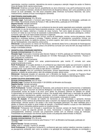 21/26
(aeronáutica, marinha e exército), laboratórios de ensino e pesquisa e atenção integral da saúde no Sistema
Único de Saúde (SUS), dentre outros locais.
Diferencial: Dinâmica curricular flexível, possibilitando ao aluno direcionar o seu perfil profissional de acordo
com a sua vocação e interesse, através do oferecimento de disciplinas eletivas, bem como possibilita ao aluno
exercer as suas atividades, nos três eixos propostos pelas Diretrizes Curriculares Nacionais, tais como:
medicamentos, análises clínicas e toxicológicas e alimentos.
• FISIOTERAPIA (BACHARELADO)
Duração (mínima/máxima): 05 a 08 anos
Situação Legal: Autorizado a funcionar pela Portaria nº 3.172, do Ministério da Educação, publicada em
05/11/2003. Reconhecido através da Portaria nº 480, do MEC/SESu, publicada em 07/07/2008.
Regime Escolar: Seriado semestral.
Turno: Integral (manhã e tarde).
Perfil Profissional: O fisioterapeuta é um profissional da área de saúde capacitado para avaliação, prescrição
e supervisão no uso de recursos físicos buscando preservar, manter, desenvolver ou restaurar o equilíbrio e a
integridade dos órgãos, sistemas e funções do corpo humano. Tem como objeto de estudo o movimento
humano em todas as suas formas de expressão e potencialidades, quer nas alterações patológicas, cinético-
funcionais, quer nas suas repercussões psíquicas e orgânicas.
Campo de Atuação: Atua em hospitais, clínicas, centros de reabilitação, creches, centros de pesquisa, clubes
esportivos e empresas publicas e privadas. Trabalha, também, em ambulatórios, consultórios, clínicas, em
ações básicas de saúde, na vigilância sanitária, no ensino superior, bem como na indústria de equipamentos
de uso fisioterapêutico, área esportiva, entre outros.
Diferencial: Curso pioneiro no interior de Pernambuco, atendendo desta forma a demanda de fisioterapeutas
nas comunidades distantes da capital, possui uma dinâmica curricular com cerca de 50% da carga horária em
estágio e atividades práticas.
• ODONTOLOGIA (CIRURGIÃO DENTISTA)
Duração (mínima/máxima): 05 a 08 anos
Situação legal: Autorizado a funcionar pelo Decreto Federal nº 45.978, publicado em 15/05/59. Reconhecido
através do Decreto Federal nº 63.406, publicado em 10/10/68. Renovação de Reconhecimento - Portaria n°
683, publicada em 10/06/2010.
Regime Escolar: Seriado semestral.
Turno: Integral (1
a
. entrada com aulas predominantemente pela manhã; 2
a
. entrada com aulas
predominantemente à tarde).
Perfil Profissional: O cirurgião dentista é um profissional que desenvolve ações que promovem a saúde do
indivíduo, estando apto a intervir, prevenindo ou tratando afecções patológicas, com especial ênfase na
cavidade bucal, o que realiza com base no rigor técnico e científico.
Campo de atuação: Atua em consultórios particulares, clinicas especializadas, creches, escolas, centro de
pesquisa, unidades de saúde pública, além de entidades privadas, dentre outros.
Diferencial: Destacada atuação em parcerias com o Ministério da Saúde, a exemplo do Programa Brasil
Sorridente, o que lhe permite ter em funcionamento um Centro de Especialidades Odontológicas (CEO).
• SAÚDE COLETIVA (BACHARELADO)
Duração (mínima/máxima): 04 a 07 anos
Situação Legal: Processo de Autorização nº 201200559, do Ministério da Educação.
Regime Escolar: Seriado semestral
Turno: noite (1ª. entrada) / tarde (2ª. entrada)
Perfil Profissional: Também chamado de Sanitarista, este profissional domina conhecimentos e habilidades
específicas que não se resumem às Ciências Biológicas e da Saúde, mas igualmente capaz de identificar as
necessidades sociais de saúde e de atuar como gestor de processos coletivos de trabalho em saúde.
Fundamentado em princípios humanísticos e éticos, sua atuação está voltada para a realização de ações de
vigilância sanitária, planejamento, gestão, governança, controle, avaliação e auditoria, além de intervenções
sociais organizadas e dirigidas à promoção, proteção, comunicação e educação em saúde.
Campo de atuação: O mercado de trabalho do Sanitarista já está consolidado e apresenta diversas
oportunidades. Existe carência de profissionais aptos a atuarem nos espaços da gestão de serviços de saúde,
epidemiologia, ciências sociais e da saúde e nas novas tecnologias gerenciais. Por estar habilitado para a
gestão no sistema de saúde no atual modelo de atenção, o Sanitarista trabalha e ocupa os mais destacados
espaços tanto em instituições públicas quanto na iniciativa privada.
Diferencial: Professores com formação e experiências nos diversos campos da Saúde Coletiva. Estágios
curriculares a partir do segundo período do curso, favorecendo a inserção no mercado de trabalho
antecipadamente. Dinâmica curricular que proporcione contato com os diversos cursos da instituição.
Possibilidade de participação nas diversas ações sociais e de pesquisas desenvolvidas na ASCES.
• ENGENHARIA AMBIENTAL (BACHARELADO)
Duração (mínima/máxima): 05 a 08 anos
Situação Legal: Autorizado a funcionar pela Portaria nº 1617, do Ministério da Educação, publicada em
13/11/09.
Regime Escolar: Seriado semestral
Turno: noite (1ª. entrada) / manhã (2ª. entrada)
Perfil Profissional: O Engenheiro Ambiental é o profissional apto para realizar trabalhos inerentes à gestão e
ao planejamento ambiental, bem como na análise e na aplicação de tecnologias utilizadas na concepção e
 
