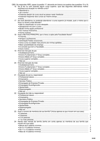 24/26
OBS: Se respondeu NÃO, passe à questão 17, deixando em branco os quadros das questões 15 e 16.
16 Se já fez ou vem fazendo algum curso superior, qual das seguintes alternativas melhor
expressa sua situação no referido curso?
• Abandonei-o................................................................................................................................
• Já o concluí.................................................................................................................................
• Pretendo desistir do curso atual se passar neste Vestibular......................................................
• Pretendo freqüentar dois cursos ao mesmo tempo....................................................................
• Outra...........................................................................................................................................
1
2
3
4
5
17 Se você abandonou ou pretende abandonar o curso superior já iniciado, qual o motivo que o
levou ou levará a esta decisão?
• Não fui classificado no curso desejado.......................................................................................
• Decepcionei-me com o curso.....................................................................................................
• Mudei minha opção profissional.................................................................................................
• Por motivos financeiros...............................................................................................................
• Outros motivos............................................................................................................................
1
2
3
4
5
18 Qual o MOTIVO PRINCIPAL que o levou a optar pela Faculdade Asces?
• A família.......................................................................................................................................
• Amigos e professores.................................................................................................................
• Orientação/Testes vocacionais....................................................................................................
• Único curso na cidade mais próximo de minhas aptidões...........................................................
• Maior possibilidade de emprego..................................................................................................
• O conceito que tem a Faculdade.................................................................................................
• Outro motivo.................................................................................................................................
1
2
3
4
5
6
7
19 Nível de instrução do pai:
• Analfabeto/primário.....................................................................................................................
• Ensino Fundamental (1º Grau) completo....................................................................................
• Ensino Médio (2º Grau) completo...............................................................................................
• Curso superior completo.............................................................................................................
• Não sei........................................................................................................................................
1
2
3
4
5
20 Nível de instrução da mãe:
• Analfabeto/primário.....................................................................................................................
• Ensino Fundamental (1
o
Grau) completo....................................................................................
• Ensino Médio (2
o
Grau) completo...............................................................................................
• Curso superior completo.............................................................................................................
• Não sei ......................................................................................................................................
1
2
3
4
5
21 Ocupação do pai ou responsável:
• Profissional Liberal......................................................................................................................
• Empresário..................................................................................................................................
• Servidor Público.........................................................................................................................
• Empregado de Empresa Privada................................................................................................
• Empregado Rural/Agricultor........................................................................................................
• Aposentado.................................................................................................................................
• Desempregado...........................................................................................................................
• Não sei .......................................................................................................................................
1
2
3
4
5
6
7
8
22 Ocupação da mãe ou responsável:
• Profissional Liberal......................................................................................................................
• Empresária..................................................................................................................................
• Servidora Pública.......................................................................................................................
• Empregada de Empresa Privada................................................................................................
• Empregada Rural/Agricultor.......................................................................................................
• Aposentada.................................................................................................................................
• Desempregada...........................................................................................................................
• Não sei .......................................................................................................................................
1
2
3
4
5
6
7
8
23 Qual o número de membros de sua família? (Inclua apenas os que moram em sua casa).
• 2 pessoas....................................................................................................................................
• 3 pessoas...................................................................................................................................
• 4 a 6 pessoas..............................................................................................................................
• 7 ou mais pessoas......................................................................................................................
1
2
3
4
24 Renda total mensal da família (tenha em conta apenas os membros de sua família que
moram em sua casa):
• Menos de 5 salários mínimos.....................................................................................................
• De 5 a 10 salários mínimos........................................................................................................
• De 11 a 15 salários mínimos......................................................................................................
• Mais de 16 salários mínimos......................................................................................................
1
2
3
4
 