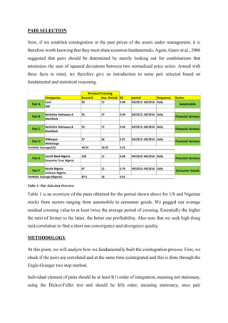 PAIR SELECTION
Now, if we establish cointegration in the past prices of the assets under management, it is
therefore worth knowing that they must share common fundamentals. Again, Gatev et al., 2006
suggested that pairs should be determined by merely looking out for combinations that
minimizes the sum of squared deviations between two normalized price series. Armed with
these facts in mind, we therefore give an introduction to some pair selected based on
fundamental and statistical reasoning.
Table 1: Pair Selection Overview
Table 1 is an overview of the pairs obtained for the period shown above for US and Nigerian
stocks from sectors ranging from automobile to consumer goods. We pegged our average
residual crossing value to at least twice the average period of crossing. Essentially the higher
the ratio of former to the latter, the better our profitability. Also note that we seek high (long
run) correlation to find a short run convergence and divergence quality.
METHODOLOGY
At this point, we will analyze how we fundamentally built the cointegration process. First, we
check if the pairs are correlated and at the same time cointegrated and this is done through the
Engle-Granger two step method.
Individual element of pairs should be at least I(1) order of integration, meaning not stationary,
using the Dicker-Fuller test and should be I(0) order, meaning stationary, once pair
Companies Round 0 Ave. Period R2 period frequency Sector
Ford 50 17 0.88 04/2012 -04/2016 Daily
GM
Berkshire Hathaway A 55 17 0.94 04/2012 -04/2016 Daily
BlackRock
Berkshire Hathaway B 55 17 0.94 04/2012 -04/2016 Daily
BlackRock
JPMorgan 37 26 0.87 04/2012 -04/2016 Daily
WellsFargo
49.25 19.25 0.91
Zenith Bank Nigeria 108 11 0.86 04/2010 -04/2016 Daily
Guaranty Trust Nigeria
Nestle Nigeria 67 21 0.76 04/2010 -04/2016 Daily
Unilever Nigeria
87.5 16 0.81
Consumer Goods
Automobile
Financial Services
Financial Services
Financial Services
Financial Services
Residual Crossing
Portfolio Average(US)
Portfolio Average (Nigeria)
Pair D
Pair C
Pair B
Pair A
Pair E
Pair F
 
