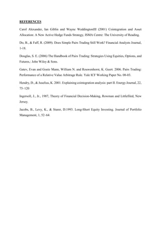 REFERENCES
Carol Alexander, Ian Giblin and Wayne WeddingtonIII (2001) Cointegration and Asset
Allocation: A New Active Hedge Funds Strategy, ISMA Centre: The University of Reading.
Do, B., & Faff, R. (2009). Does Simple Pairs Trading Still Work? Financial Analysts Journal,
1-18.
Douglas, S. E. (2006) The Handbook of Pairs Trading: Strategies Using Equities, Options, and
Futures,: John Wiley & Sons.
Gatev, Evan and Goetz Mann, William N. and Rouwenhorst, K. Geert. 2006. Pairs Trading:
Performance of a Relative Value Arbitrage Rule. Yale ICF Working Paper No. 08-03.
Hendry, D., & Juselius, K. 2001. Explaining cointegration analysis: part II. Energy Journal, 22,
75–120
Ingersoll, J., Jr., 1987, Theory of Financial Decision-Making, Rowman and Littlefiled, New
Jersey.
Jacobs, B., Levy, K., & Starer, D.1993. Long-Short Equity Investing. Journal of Portfolio
Management, 1, 52–64.
 