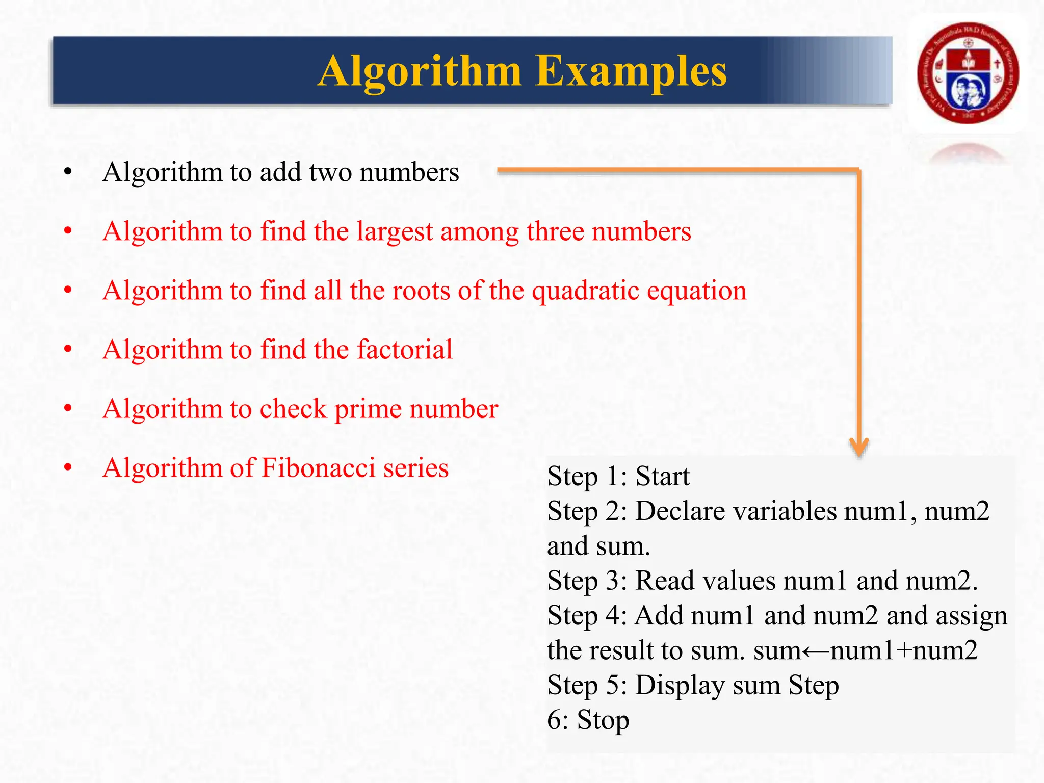 Algorithm Examples
• Algorithm to add two numbers
• Algorithm to find the largest among three numbers
• Algorithm to find all the roots of the quadratic equation
• Algorithm to find the factorial
• Algorithm to check prime number
• Algorithm of Fibonacci series Step 1: Start
Step 2: Declare variables num1, num2
and sum.
Step 3: Read values num1 and num2.
Step 4: Add num1 and num2 and assign
the result to sum. sum←num1+num2
Step 5: Display sum Step
6: Stop
 