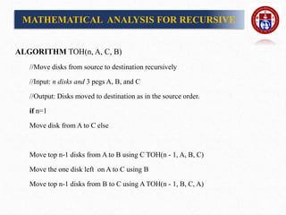 ALGORITHM TOH(n, A, C, B)
//Move disks from source to destination recursively
//Input: n disks and 3 pegs A, B, and C
//Output: Disks moved to destination as in the source order.
if n=1
Move disk from A to C else
Move top n-1 disks from A to B using C TOH(n - 1, A, B, C)
Move the one disk left on A to C using B
Move top n-1 disks from B to C using A TOH(n - 1, B, C, A)
MATHEMATICAL ANALYSIS FOR RECURSIVE
 