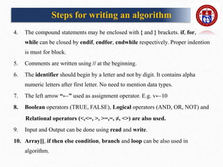 4. The compound statements may be enclosed with { and } brackets. if, for,
while can be closed by endif, endfor, endwhile respectively. Proper indention
is must for block.
5. Comments are written using // at the beginning.
6. The identifier should begin by a letter and not by digit. It contains alpha
numeric letters after first letter. No need to mention data types.
7. The left arrow “←” used as assignment operator. E.g. v←10
8. Boolean operators (TRUE, FALSE), Logical operators (AND, OR, NOT) and
Relational operators (<,<=, >, >=,=, ≠, <>) are also used.
9. Input and Output can be done using read and write.
10. Array[], if then else condition, branch and loop can be also used in
algorithm.
Steps for writing an algorithm
 