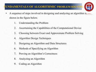 FUNDAMENTALS OF ALGORITHMIC PROBLEM SOLVING
• A sequence of steps involved in designing and analyzing an algorithm is
shown in the figure below.
1. Understanding the Problem
2. Ascertaining the Capabilities of the Computational Device
3. Choosing between Exact and Approximate Problem Solving
4. Algorithm Design Techniques
5. Designing an Algorithm and Data Structures
6. Methods of Specifying an Algorithm
7. Proving an Algorithm’s Correctness
8. Analyzing an Algorithm
9. Coding an Algorithm
 