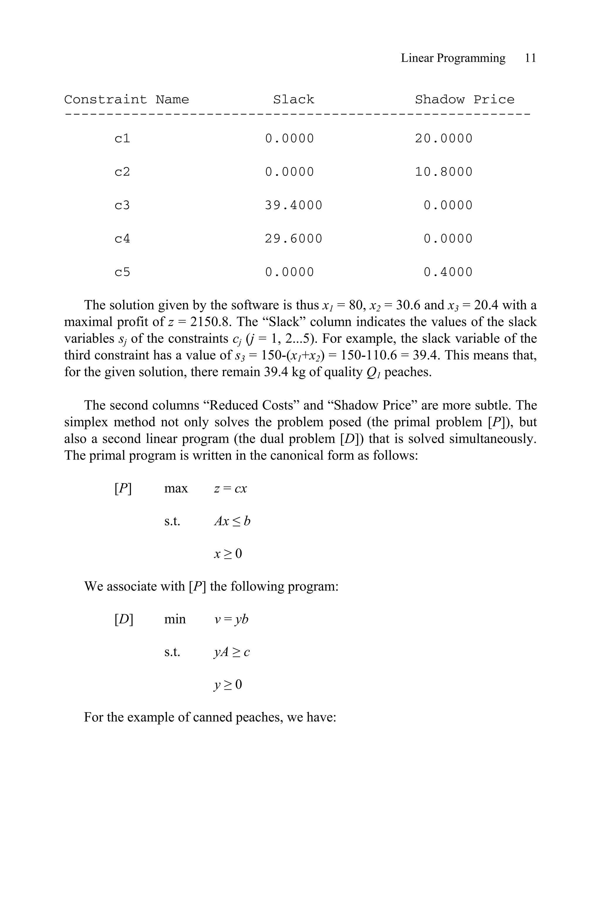 Linear Programming 11
Constraint Name Slack Shadow Price
--------------------------------------------------------
c1 0.0000 20.0000
c2 0.0000 10.8000
c3 39.4000 0.0000
c4 29.6000 0.0000
c5 0.0000 0.4000
The solution given by the software is thus x1 = 80, x2 = 30.6 and x3 = 20.4 with a
maximal profit of z = 2150.8. The “Slack” column indicates the values of the slack
variables sj of the constraints cj (j = 1, 2...5). For example, the slack variable of the
third constraint has a value of s3 = 150-(x1+x2) = 150-110.6 = 39.4. This means that,
for the given solution, there remain 39.4 kg of quality Q1 peaches.
The second columns “Reduced Costs” and “Shadow Price” are more subtle. The
simplex method not only solves the problem posed (the primal problem [P]), but
also a second linear program (the dual problem [D]) that is solved simultaneously.
The primal program is written in the canonical form as follows:
[P] max z = cx
s.t. Ax ” b
x • 0
We associate with [P] the following program:
[D] min v = yb
s.t. yA • c
y • 0
For the example of canned peaches, we have:
 