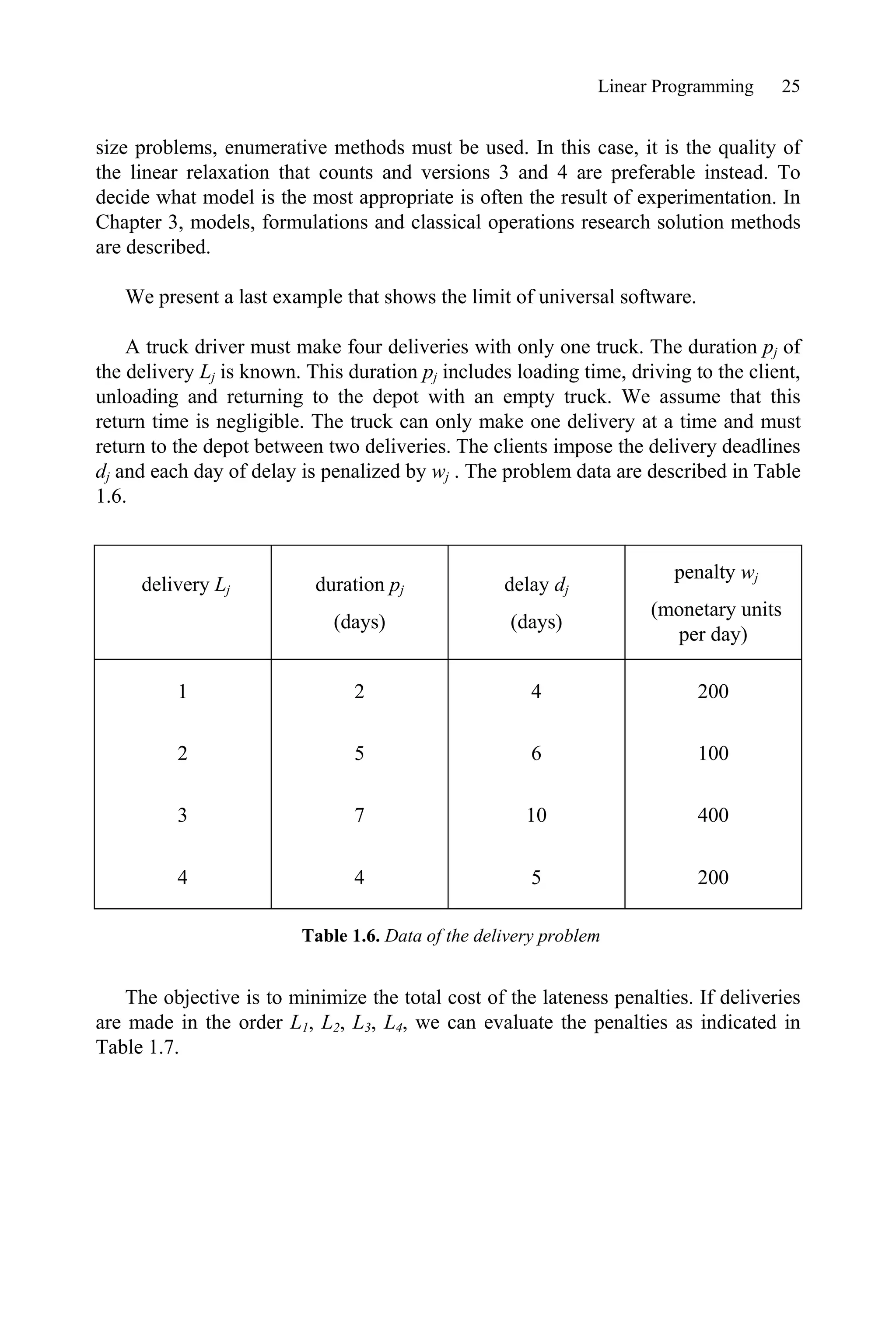 Linear Programming 25
size problems, enumerative methods must be used. In this case, it is the quality of
the linear relaxation that counts and versions 3 and 4 are preferable instead. To
decide what model is the most appropriate is often the result of experimentation. In
Chapter 3, models, formulations and classical operations research solution methods
are described.
We present a last example that shows the limit of universal software.
A truck driver must make four deliveries with only one truck. The duration pj of
the delivery Lj is known. This duration pj includes loading time, driving to the client,
unloading and returning to the depot with an empty truck. We assume that this
return time is negligible. The truck can only make one delivery at a time and must
return to the depot between two deliveries. The clients impose the delivery deadlines
dj and each day of delay is penalized by wj . The problem data are described in Table
1.6.
delivery Lj duration pj
(days)
delay dj
(days)
penalty wj
(monetary units
per day)
1 2 4 200
2 5 6 100
3 7 10 400
4 4 5 200
Table 1.6. Data of the delivery problem
The objective is to minimize the total cost of the lateness penalties. If deliveries
are made in the order L1, L2, L3, L4, we can evaluate the penalties as indicated in
Table 1.7.
 