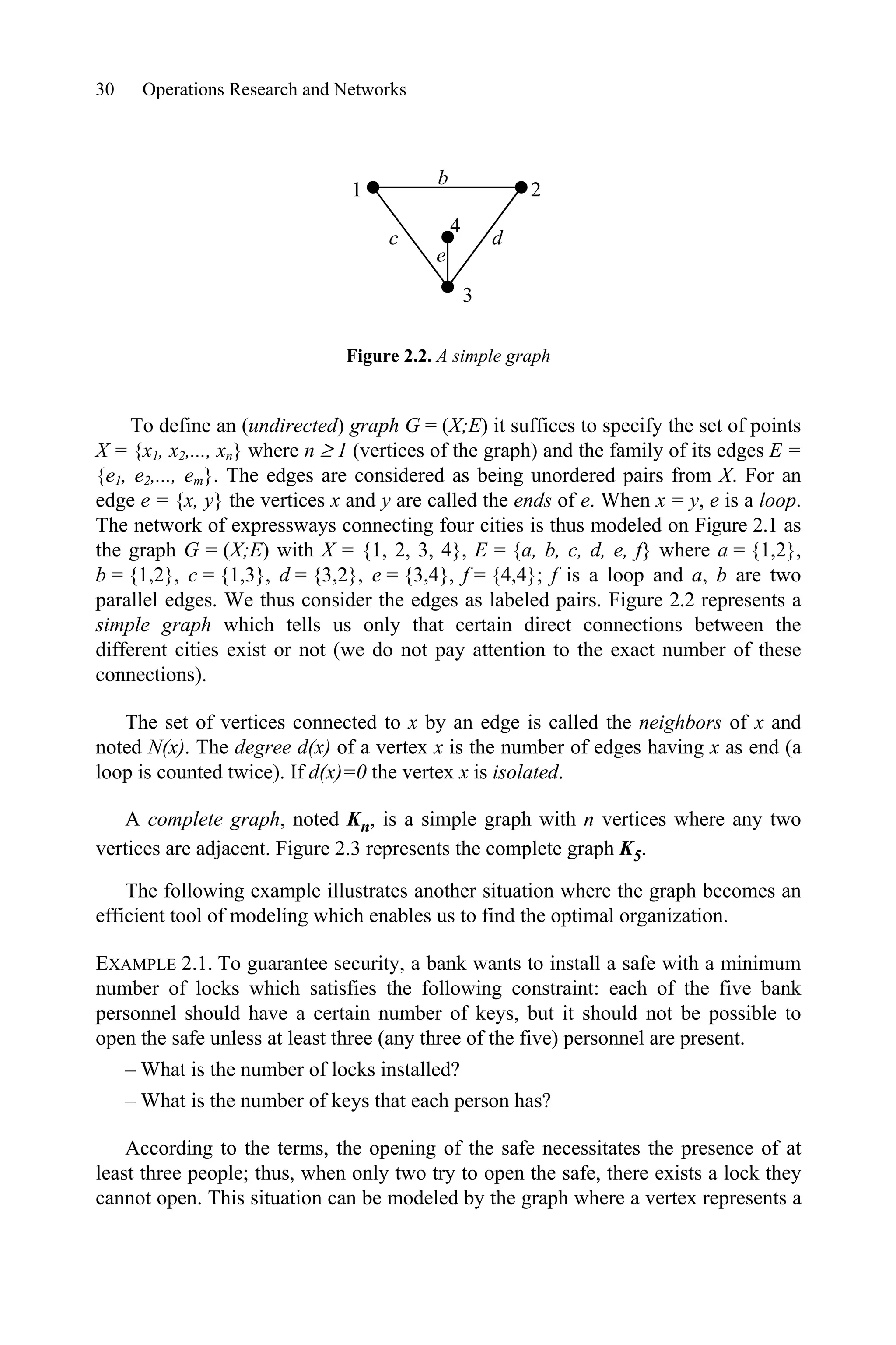 30 Operations Research and Networks
Figure 2.2. A simple graph
To define an (undirected) graph G = (X;E) it suffices to specify the set of points
X = {x1, x2,..., xn} where n t 1 (vertices of the graph) and the family of its edges E =
{e1, e2,..., em}. The edges are considered as being unordered pairs from X. For an
edge e = {x, y} the vertices x and y are called the ends of e. When x = y, e is a loop.
The network of expressways connecting four cities is thus modeled on Figure 2.1 as
the graph G = (X;E) with X = {1, 2, 3, 4}, E = {a, b, c, d, e, f} where a = {1,2},
b = {1,2}, c = {1,3}, d = {3,2}, e = {3,4}, f = {4,4}; f is a loop and a, b are two
parallel edges. We thus consider the edges as labeled pairs. Figure 2.2 represents a
simple graph which tells us only that certain direct connections between the
different cities exist or not (we do not pay attention to the exact number of these
connections).
The set of vertices connected to x by an edge is called the neighbors of x and
noted N(x). The degree d(x) of a vertex x is the number of edges having x as end (a
loop is counted twice). If d(x)=0 the vertex x is isolated.
A complete graph, noted Kn, is a simple graph with n vertices where any two
vertices are adjacent. Figure 2.3 represents the complete graph K5.
The following example illustrates another situation where the graph becomes an
efficient tool of modeling which enables us to find the optimal organization.
EXAMPLE 2.1. To guarantee security, a bank wants to install a safe with a minimum
number of locks which satisfies the following constraint: each of the five bank
personnel should have a certain number of keys, but it should not be possible to
open the safe unless at least three (any three of the five) personnel are present.
– What is the number of locks installed?
– What is the number of keys that each person has?
According to the terms, the opening of the safe necessitates the presence of at
least three people; thus, when only two try to open the safe, there exists a lock they
cannot open. This situation can be modeled by the graph where a vertex represents a
d
c
b
e
2
1
3
4
 