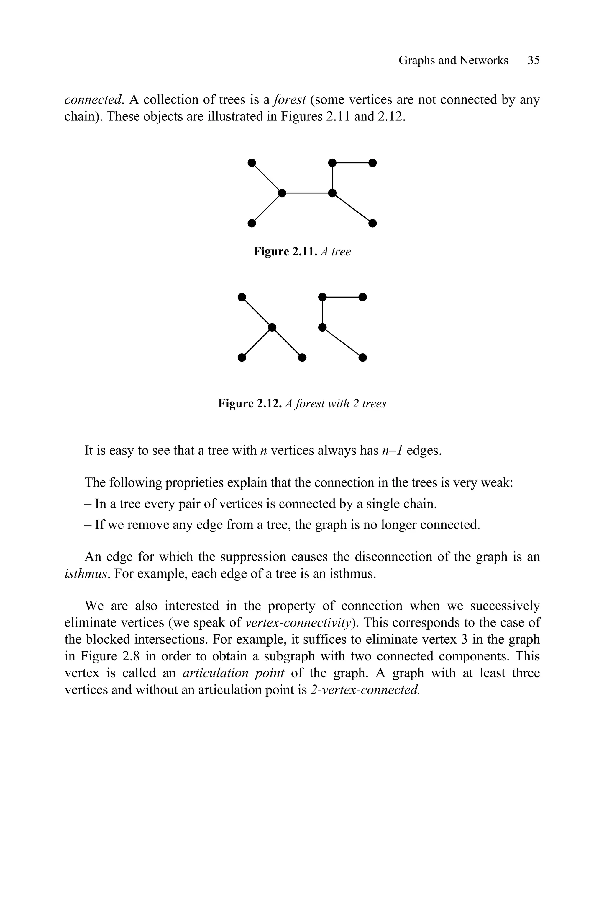 Graphs and Networks 35
connected. A collection of trees is a forest (some vertices are not connected by any
chain). These objects are illustrated in Figures 2.11 and 2.12.
Figure 2.11. A tree
Figure 2.12. A forest with 2 trees
It is easy to see that a tree with n vertices always has n–1 edges.
The following proprieties explain that the connection in the trees is very weak:
– In a tree every pair of vertices is connected by a single chain.
– If we remove any edge from a tree, the graph is no longer connected.
An edge for which the suppression causes the disconnection of the graph is an
isthmus. For example, each edge of a tree is an isthmus.
We are also interested in the property of connection when we successively
eliminate vertices (we speak of vertex-connectivity). This corresponds to the case of
the blocked intersections. For example, it suffices to eliminate vertex 3 in the graph
in Figure 2.8 in order to obtain a subgraph with two connected components. This
vertex is called an articulation point of the graph. A graph with at least three
vertices and without an articulation point is 2-vertex-connected.
 