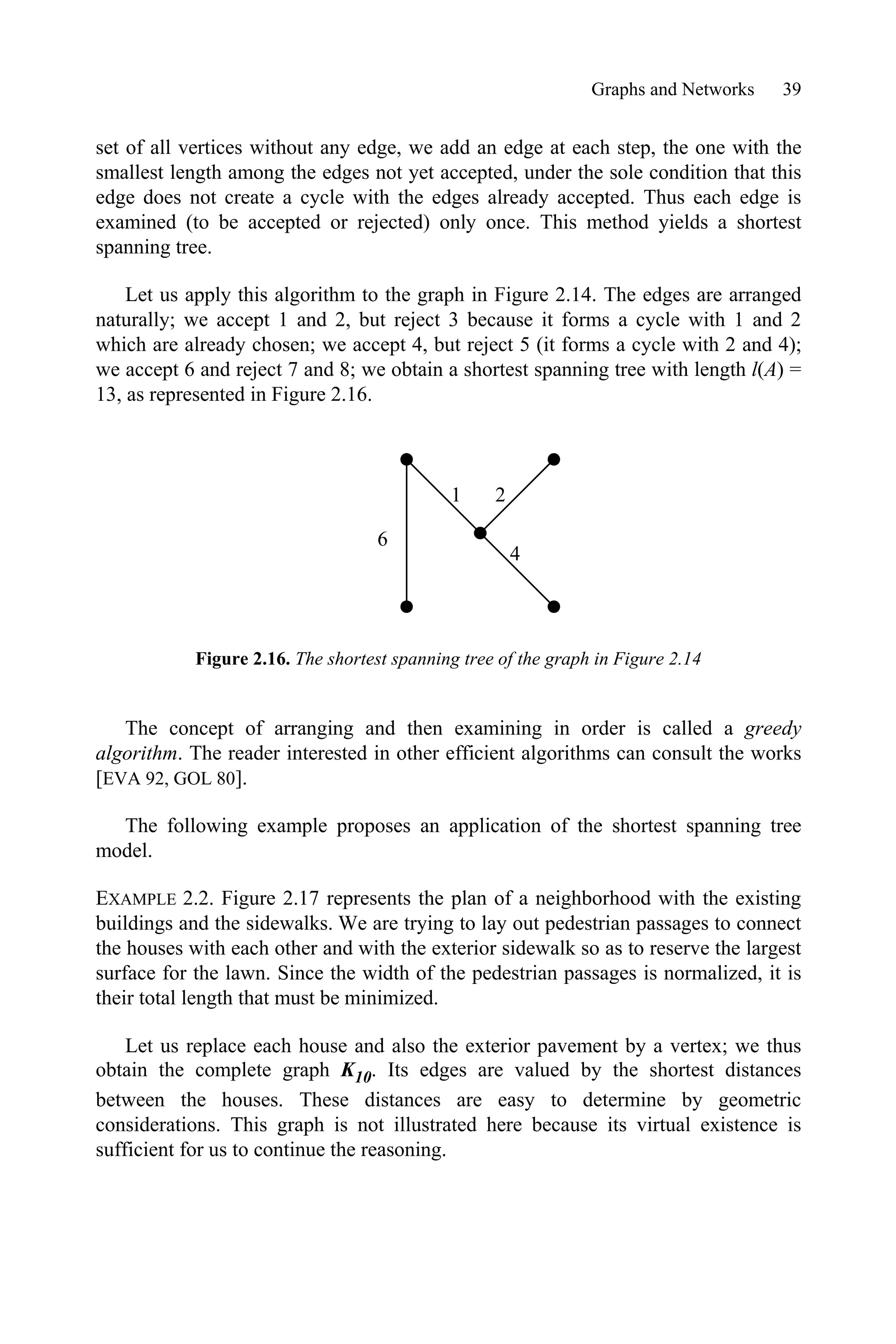Graphs and Networks 39
set of all vertices without any edge, we add an edge at each step, the one with the
smallest length among the edges not yet accepted, under the sole condition that this
edge does not create a cycle with the edges already accepted. Thus each edge is
examined (to be accepted or rejected) only once. This method yields a shortest
spanning tree.
Let us apply this algorithm to the graph in Figure 2.14. The edges are arranged
naturally; we accept 1 and 2, but reject 3 because it forms a cycle with 1 and 2
which are already chosen; we accept 4, but reject 5 (it forms a cycle with 2 and 4);
we accept 6 and reject 7 and 8; we obtain a shortest spanning tree with length l(A) =
13, as represented in Figure 2.16.
Figure 2.16. The shortest spanning tree of the graph in Figure 2.14
The concept of arranging and then examining in order is called a greedy
algorithm. The reader interested in other efficient algorithms can consult the works
[EVA 92, GOL 80].
The following example proposes an application of the shortest spanning tree
model.
EXAMPLE 2.2. Figure 2.17 represents the plan of a neighborhood with the existing
buildings and the sidewalks. We are trying to lay out pedestrian passages to connect
the houses with each other and with the exterior sidewalk so as to reserve the largest
surface for the lawn. Since the width of the pedestrian passages is normalized, it is
their total length that must be minimized.
Let us replace each house and also the exterior pavement by a vertex; we thus
obtain the complete graph K10. Its edges are valued by the shortest distances
between the houses. These distances are easy to determine by geometric
considerations. This graph is not illustrated here because its virtual existence is
sufficient for us to continue the reasoning.
1 2
4
6
 