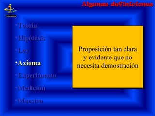 Proposición tan clara
y evidente que no
necesita demostración
Proposición tan clara
y evidente que no
necesita demostración
•TeoríaTeoría
•HipótesisHipótesis
•LeyLey
•AxiomaAxioma
•ExperimentoExperimento
•MediciónMedición
•MuestraMuestra
Algunas definicionesAlgunas definiciones
 