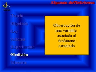 Observación de
una variable
asociada al
fenómeno
estudiado
Observación de
una variable
asociada al
fenómeno
estudiado
•TeoríaTeoría
•HipótesisHipótesis
•LeyLey
•AxiomaAxioma
•ExperimentoExperimento
•MediciónMedición
•MuestraMuestra
Algunas definicionesAlgunas definiciones
 