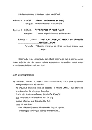 16
Há alguns casos de omissão de verbos na LIBRAS:
Exemplo 5:" LIBRAS: CINEMA O-P-I-A-N-O MUITO-BO@
Português: " O filme O Piano é maravilhoso !
Exemplo 6: LIBRAS: PORQUE PESSOA FELIZ-PULAR
Português: "... porque as pessoas estão felizes demais!"
Exemplo 7: LIBRAS: PASSADO COMEÇAR FÉRIAS EU VONTADE
...........................................DEPRESSA VIAJAR
Português: " Quando chegaram as férias, eu fiquei ansiosa para
viajar.”
Observação : na estruturação da LIBRAS observa-se que a mesma possui
regras próprias; não são usados artigos, preposições, conjunções, porque esses
conectivos estão incorporados ao sinal.
3.2.1 Sistema pronominal
a) Pronomes pessoais : a LIBRAS possui um sistema pronominal para representar
as seguintes pessoas do discurso:
⇒ no singular, o sinal para todas as pessoas é o mesmo CM[G], o que diferencia
uma das outras é a orientação das mãos;
⇒ dual: a mão ficará com o formato de dois, CM [K] ou [V];
⇒ trial: a mão assume o formato de três, CM [W];
⇒ quatrial: o formato será de quatro, CM [54];
⇒ plural: há dois sinais :
sinal composto ( pessoa do discurso no singular + grupo).
configuração da mão [Gd] fazendo um círculo (nós).
 