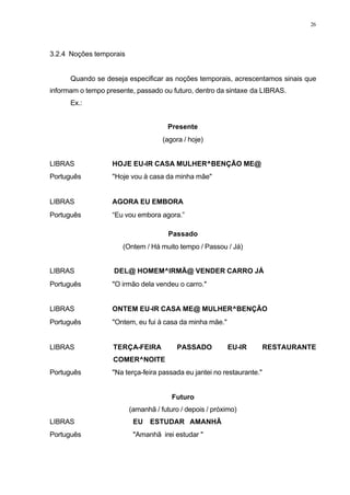 26
3.2.4 Noções temporais
Quando se deseja especificar as noções temporais, acrescentamos sinais que
informam o tempo presente, passado ou futuro, dentro da sintaxe da LIBRAS.
Ex.:
Presente
(agora / hoje)
LIBRAS ⇒ HOJE EU-IR CASA MULHER^BENÇÃO ME@
Português ⇒ "Hoje vou à casa da minha mãe"
LIBRAS ⇒ AGORA EU EMBORA
Português ⇒ “Eu vou embora agora.”
Passado
(Ontem / Há muito tempo / Passou / Já)
LIBRAS ⇒ DEL@ HOMEM^IRMÃ@ VENDER CARRO JÁ
Português ⇒ "O irmão dela vendeu o carro."
LIBRAS⇒ ONTEM EU-IR CASA ME@ MULHER^BENÇÃO
Português⇒ "Ontem, eu fui à casa da minha mãe."
LIBRAS ⇒ TERÇA-FEIRA PASSADO EU-IR RESTAURANTE
COMER^NOITE
Português⇒ "Na terça-feira passada eu jantei no restaurante."
Futuro
(amanhã / futuro / depois / próximo)
LIBRAS ⇒ EU ESTUDAR AMANHÃ
Português ⇒ "Amanhã irei estudar "
 