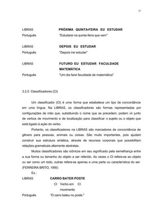 27
LIBRAS ⇒ PRÓXIMA QUINTA-FEIRA EU ESTUDAR
Português ⇒ "Estudarei na quinta-feira que vem"
LIBRAS ⇒ DEPOIS EU ESTUDAR
Português ⇒ "Depois irei estudar"
LIBRAS⇒ FUTURO EU ESTUDAR FACULDADE
MATEMÁTICA
Português ⇒ "Um dia farei faculdade de matemática"
3.2.5 Classificadores (Cl)
Um classificador (Cl) é uma forma que estabelece um tipo de concordância
em uma língua. Na LIBRAS, os classificadores são formas representadas por
configurações de mão que, substituindo o nome que as precedem, podem vir junto
de verbos de movimento e de localização para classificar o sujeito ou o objeto que
está ligado à ação do verbo.
Portanto, os classificadores na LIBRAS são marcadores de concordância de
gênero para pessoas, animais ou coisas. São muito importantes, pois ajudam
construir sua estrutura sintática, através de recursos corporais que possibilitam
relações gramaticais altamente abstratas.
Muitos classificadores são icônicos em seu significado pela semelhança entre
a sua forma ou tamanho do objeto a ser referido. As vezes o Cl refere-se ao objeto
ou ser como um todo, outras refere-se apenas a uma parte ou característica do ser.
(FERREIRA BRITO, 1995)
Ex.:
LIBRAS ⇒ CARRO BATER POSTE
Cl Verbo em Cl
movimento
Português ⇒ "O carro bateu no poste."
 