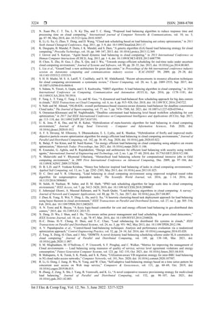  ISSN: 2088-8708
Int J Elec & Comp Eng, Vol. 12, No. 3, June 2022: 3217-3225
3224
[2] N. Xuan Phi, C. T. Tin, L. N. Ky Thu, and T. C. Hung, “Proposed load balancing algorithm to reduce response time and
processing time on cloud computing,” International journal of Computer Networks & Communications, vol. 10, no. 3,
pp. 87–98, May 2018, doi: 10.5121/ijcnc.2018.10307.
[3] K. Li, G. Xu, G. Zhao, Y. Dong, and D. Wang, “Cloud task scheduling based on load balancing ant colony optimization,” in 2011
Sixth Annual Chinagrid Conference, Aug. 2011, pp. 3–9, doi: 10.1109/ChinaGrid.2011.17.
[4] K. Dasgupta, B. Mandal, P. Dutta, J. K. Mandal, and S. Dam, “A genetic algorithm (GA) based load balancing strategy for cloud
computing,” Procedia Technology, vol. 10, pp. 340–347, 2013, doi: 10.1016/j.protcy.2013.12.369.
[5] J. Grover and S. Katiyar, “Agent based dynamic load balancing in cloud computing,” in 2013 International Conference on
Human Computer Interactions (ICHCI), Aug. 2013, pp. 1–6, doi: 10.1109/ICHCI-IEEE.2013.6887799.
[6] H. Chen, X. Zhu, H. Guo, J. Zhu, X. Qin, and J. Wu, “Towards energy-efficient scheduling for real-time tasks under uncertain
cloud computing environment,” Journal of Systems and Software, vol. 99, pp. 20–35, Jan. 2015, doi: 10.1016/j.jss.2014.08.065.
[7] L. Liu et al., “GreenCloud: a new architecture for green data center,” in Proceedings of the 6th international conference industry
session on Autonomic computing and communications industry session - ICAC-INDST ’09, 2009, pp. 29–38, doi:
10.1145/1555312.1555319.
[8] S. H. H. Madni, M. S. A. Latiff, Y. Coulibaly, and S. M. Abdulhamid, “Recent advancements in resource allocation techniques
for cloud computing environment: a systematic review,” Cluster Computing, vol. 20, no. 3, pp. 2489–2533, Sep. 2017, doi:
10.1007/s10586-016-0684-4.
[9] S. Sidana, N. Tiwari, A. Gupta, and I. S. Kushwaha, “NBST algorithm: A load balancing algorithm in cloud computing,” in 2016
International Conference on Computing, Communication and Automation (ICCCA), Apr. 2016, pp. 1178–1181, doi:
10.1109/CCAA.2016.7813914.
[10] F. Tang, L. T. Yang, C. Tang, J. Li, and M. Guo, “A dynamical and load-balanced flow scheduling approach for big data centers
in clouds,” IEEE Transactions on Cloud Computing, vol. 6, no. 4, pp. 915–928, Oct. 2018, doi: 10.1109/TCC.2016.2543722.
[11] S. Nabi and M. Ahmed, “OG-RADL: overall performance-based resource-aware dynamic load-balancer for deadline constrained
Cloud tasks,” The Journal of Supercomputing, vol. 77, no. 7, pp. 7476–7508, Jul. 2021, doi: 10.1007/s11227-020-03544-z.
[12] S. Omranian-Khorasani and M. Naghibzadeh, “Deadline constrained load balancing level based workflow scheduling for cost
optimization,” in 2017 2nd IEEE International Conference on Computational Intelligence and Applications (ICCIA), Sep. 2017,
pp. 113–118, doi: 10.1109/CIAPP.2017.8167191.
[13] U. K. Jena, P. K. Das, and M. R. Kabat, “Hybridization of meta-heuristic algorithm for load balancing in cloud computing
environment,” Journal of King Saud University - Computer and Information Sciences, Feb. 2020, doi:
10.1016/j.jksuci.2020.01.012.
[14] A. F. S. Devaraj, M. Elhoseny, S. Dhanasekaran, E. L. Lydia, and K. Shankar, “Hybridization of firefly and improved multi-
objective particle swarm optimization algorithm for energy efficient load balancing in cloud computing environments,” Journal of
Parallel and Distributed Computing, vol. 142, pp. 36–45, Aug. 2020, doi: 10.1016/j.jpdc.2020.03.022.
[15] K. Balaji, P. Sai Kiran, and M. Sunil Kumar, “An energy efficient load balancing on cloud computing using adaptive cat swarm
optimization,” Materials Today: Proceedings, Jan. 2021, doi: 10.1016/j.matpr.2020.11.106.
[16] R. Ezumalai, G. Aghila, and R. Rajalakshmi, “Design and architecture for efficient load balancing with security using mobile
agents,” International Journal of Engineering and Technology, vol. 2, no. 1, pp. 57–60, 2010, doi: 10.7763/IJET.2010.V2.100.
[17] N. Malarvizhi and V. Rhymend Uthariaraj, “Hierarchical load balancing scheme for computational intensive jobs in Grid
computing environment,” in 2009 First International Conference on Advanced Computing, Dec. 2009, pp. 97–104, doi:
10.1109/ICADVC.2009.5378268.
[18] D. B. L.D. and P. Venkata Krishna, “Honey bee behavior inspired load balancing of tasks in cloud computing environments,”
Applied Soft Computing, vol. 13, no. 5, pp. 2292–2303, May 2013, doi: 10.1016/j.asoc.2013.01.025.
[19] D. C. Devi and V. R. Uthariaraj, “Load balancing in cloud computing environment using improved weighted round robin
algorithm for nonpreemptive dependent tasks,” The Scientific World Journal, vol. 2016, pp. 1–14, 2016, doi:
10.1155/2016/3896065.
[20] H. Saleh, H. Nashaat, W. Saber, and H. M. Harb, “IPSO task scheduling algorithm for large scale data in cloud computing
environment,” IEEE Access, vol. 7, pp. 5412–5420, 2019, doi: 10.1109/ACCESS.2018.2890067.
[21] E. Jafarnejad Ghomi, A. Masoud Rahmani, and N. Nasih Qader, “Load-balancing algorithms in cloud computing: A survey,”
Journal of Network and Computer Applications, vol. 88, pp. 50–71, Jun. 2017, doi: 10.1016/j.jnca.2017.04.007.
[22] J. Zhao, K. Yang, X. Wei, Y. Ding, L. Hu, and G. Xu, “A heuristic clustering-based task deployment approach for load balancing
using bayes theorem in cloud environment,” IEEE Transactions on Parallel and Distributed Systems, vol. 27, no. 2, pp. 305–316,
Feb. 2016, doi: 10.1109/TPDS.2015.2402655.
[23] A. N. Toosi and R. Buyya, “A fuzzy logic-based controller for cost and energy efficient load balancing in geo-distributed data
centers,” 2015, doi: 10.1109/UCC.2015.35.
[24] X. Deng, D. Wu, J. Shen, and J. He, “Eco-aware online power management and load scheduling for green cloud datacenters,”
IEEE Systems Journal, vol. 10, no. 1, pp. 78–87, Mar. 2016, doi: 10.1109/JSYST.2014.2344028.
[25] H.-C. Hsiao, H.-Y. Chung, H. Shen, and Y.-C. Chao, “Load rebalancing for distributed file systems in clouds,” IEEE
Transactions on Parallel and Distributed Systems, vol. 24, no. 5, pp. 951–962, May 2013, doi: 10.1109/TPDS.2012.196.
[26] A. V. Papadopoulos et al., “Control-based load-balancing techniques: Analysis and performance evaluation via a randomized
optimization approach,” Control Engineering Practice, vol. 52, pp. 24–34, Jul. 2016, doi: 10.1016/j.conengprac.2016.03.020.
[27] Z. Tong, X. Deng, H. Chen, and J. Mei, “DDMTS: A novel dynamic load balancing scheduling scheme under SLA constraints in
cloud computing,” Journal of Parallel and Distributed Computing, vol. 149, pp. 138–148, Mar. 2021, doi:
10.1016/j.jpdc.2020.11.007.
[28] S. M. Moghaddam, M. O’Sullivan, C. P. Unsworth, S. F. Piraghaj, and C. Walker, “Metrics for improving the management of
Cloud environments — Load balancing using measures of quality of service, service level agreement violations and energy
consumption,” Future Generation Computer Systems, vol. 123, pp. 142–155, Oct. 2021, doi: 10.1016/j.future.2021.04.010.
[29] B. Mahapatra, A. K. Turuk, S. K. Panda, and S. K. Patra, “Utilization-aware VB migration strategy for inter-BBU load balancing
in 5G cloud radio access networks,” Computer Networks, vol. 181, Nov. 2020, doi: 10.1016/j.comnet.2020.107507.
[30] R. Li, G. Dong, J. Jiang, H. Wu, N. Yang, and W. Chen, “Self-adaptive load-balancing strategy based on a time series pattern for
concurrent user access on Web map service,” Computers & Geosciences, vol. 131, pp. 60–69, Oct. 2019, doi:
10.1016/j.cageo.2019.06.015.
[31] B. Zhang, Z. Zeng, X. Shi, J. Yang, B. Veeravalli, and K. Li, “A novel cooperative resource provisioning strategy for multi-cloud
load balancing,” Journal of Parallel and Distributed Computing, vol. 152, pp. 98–107, Jun. 2021, doi:
10.1016/j.jpdc.2021.02.003.
 