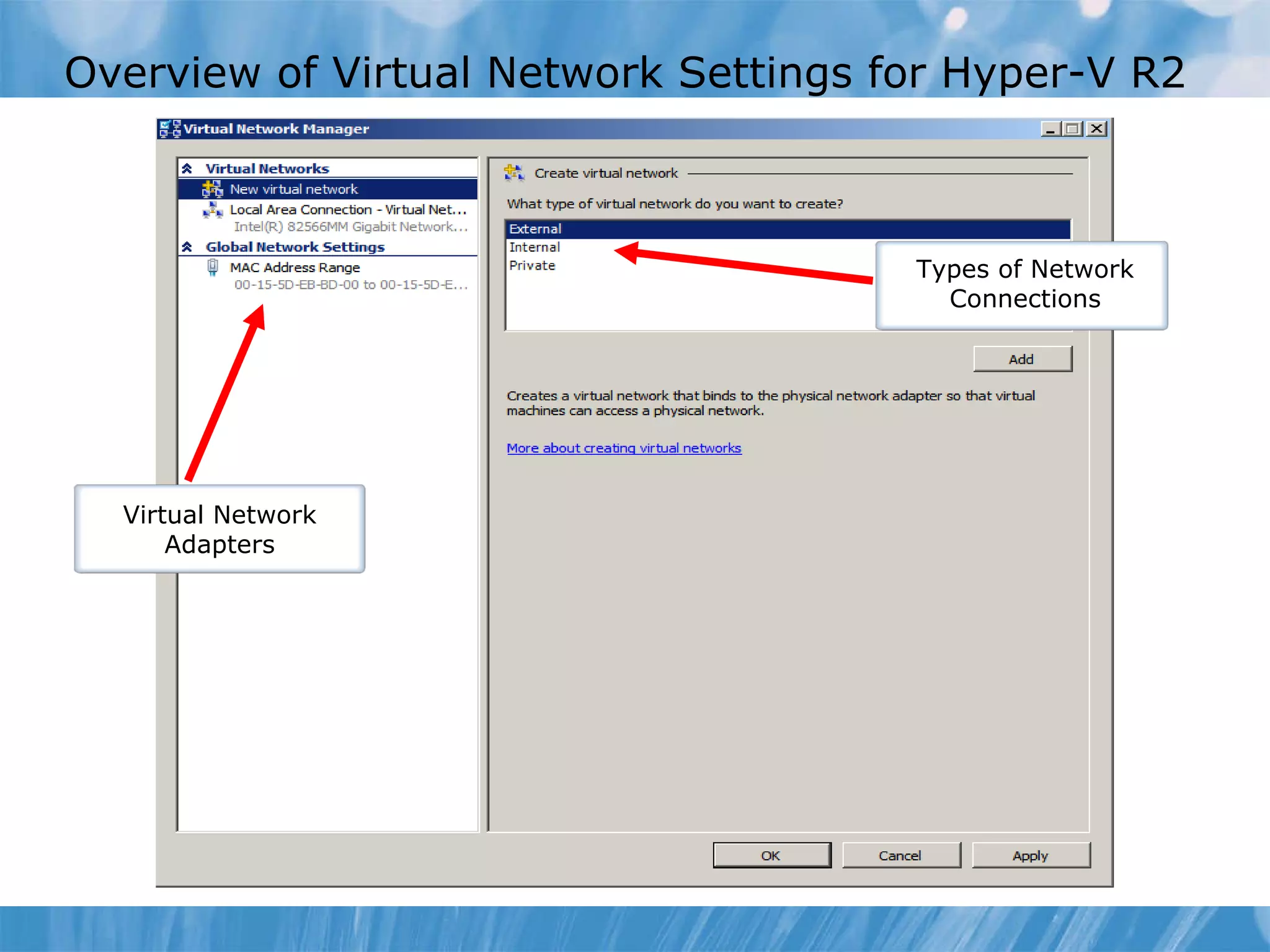 Overview of Virtual Network Settings for Hyper-V R2 Virtual Network Adapters Types of Network Connections 