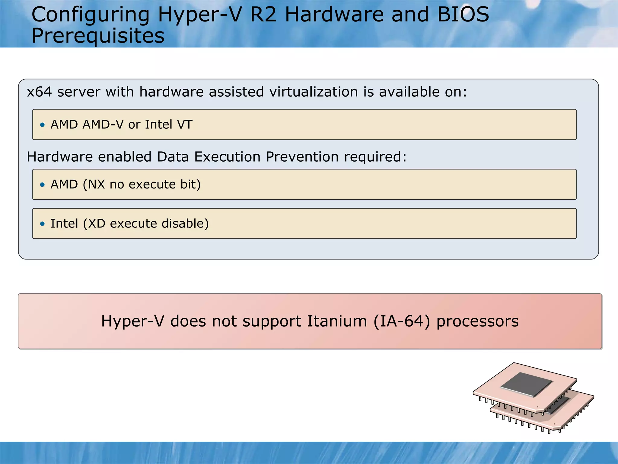 Configuring Hyper-V R2 Hardware and BIOS Prerequisites Hyper-V does not support Itanium (IA-64) processors x64 server with hardware assisted virtualization is available on: Hardware enabled Data Execution Prevention required: AMD AMD-V or Intel VT AMD (NX no execute bit) Intel (XD execute disable) 