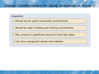 Design Considerations for Using Snapshots in Hyper-V Snapshots: Should not be used in production environments  Should be used in testing and training environments  May consume a significant amount of hard disk space  Can have unexpected results when deleted  