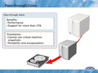 Pass-through Disks Pass-through disks: Benefits: Performance Support for more than 2TB Drawbacks: Cannot use virtual machine snapshots Portability and encapsulation 