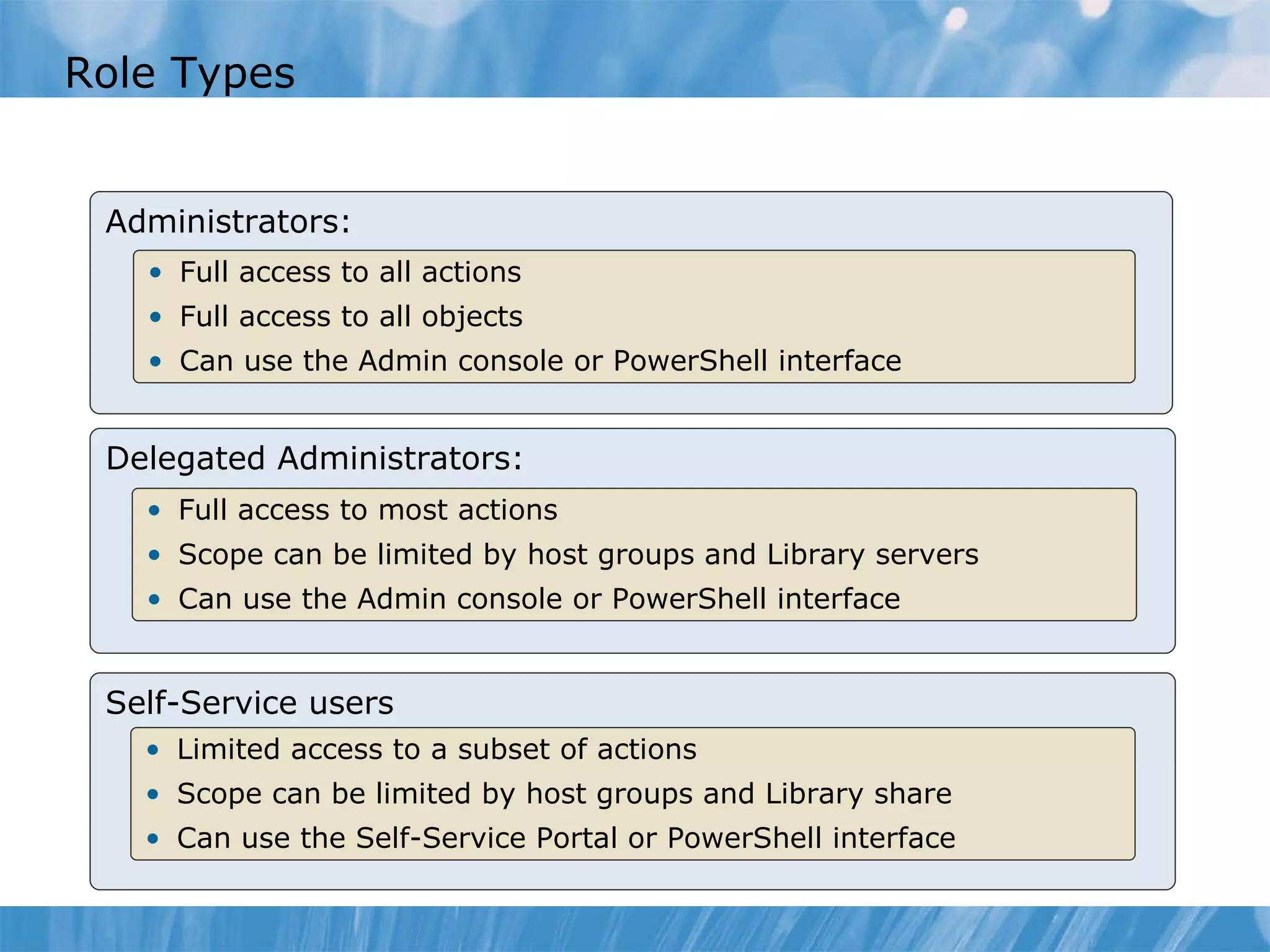 Role Types  Administrators: Full access to all actions Full access to all objects Can use the Admin console or PowerShell interface Delegated Administrators: Full access to most actions Scope can be limited by host groups and Library servers Can use the Admin console or PowerShell interface Self-Service users Limited access to a subset of actions Scope can be limited by host groups and Library share Can use the Self-Service Portal or PowerShell interface 