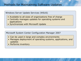 Methods for Maintaining Software Updates Windows Server Update Services (WSUS) Available to all   sizes of organizations free of charge Centrally manages updates for operating systems and applications Synchronizes with Microsoft Update Microsoft System Center Configuration Manager 2007 Can be used  in large and complex environments Manages  deployment   of  operating systems, applications ,  and updates Performs inventory 