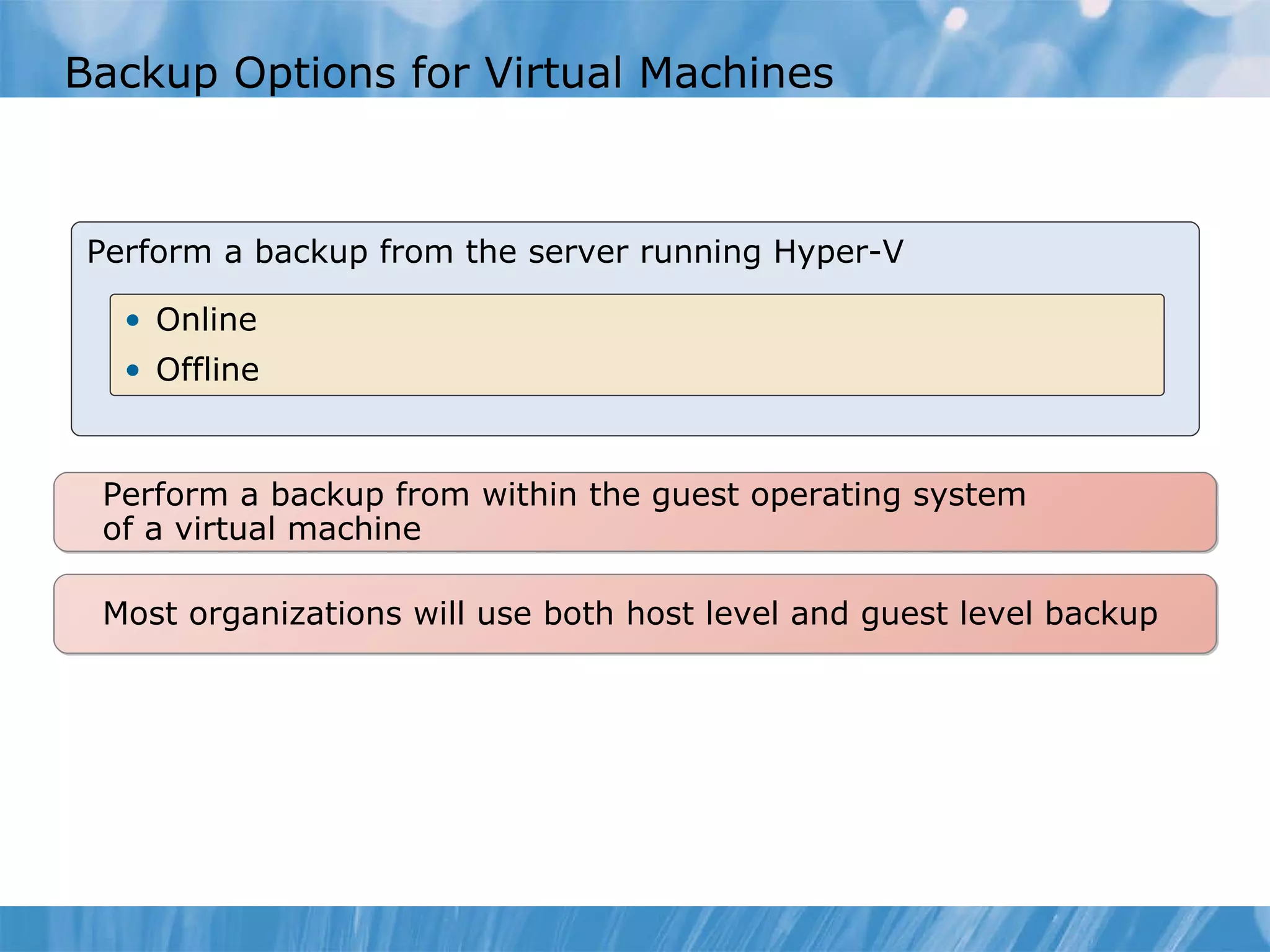 Backup Options for Virtual Machines Perform a backup from the server running Hyper-V Online Offline Perform a backup from within the guest operating system  of a virtual machine Most organizations will use both host level and guest level backup 