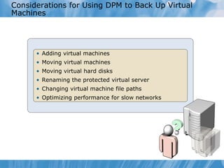 Considerations for Using DPM to Back Up Virtual Machines  Adding virtual machines Moving virtual machines Moving virtual hard disks Renaming the protected virtual server Changing virtual machine file paths Optimizing performance for slow networks 
